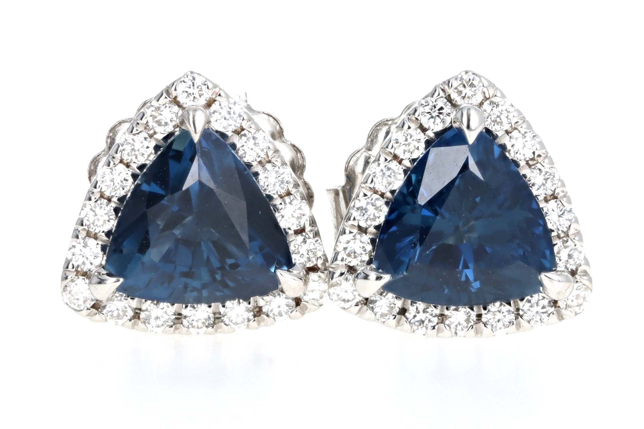 18K White Gold Trillion Cut Natural Sapphire & Diamond Halo Stud Earrings GIA Certified - Queen May