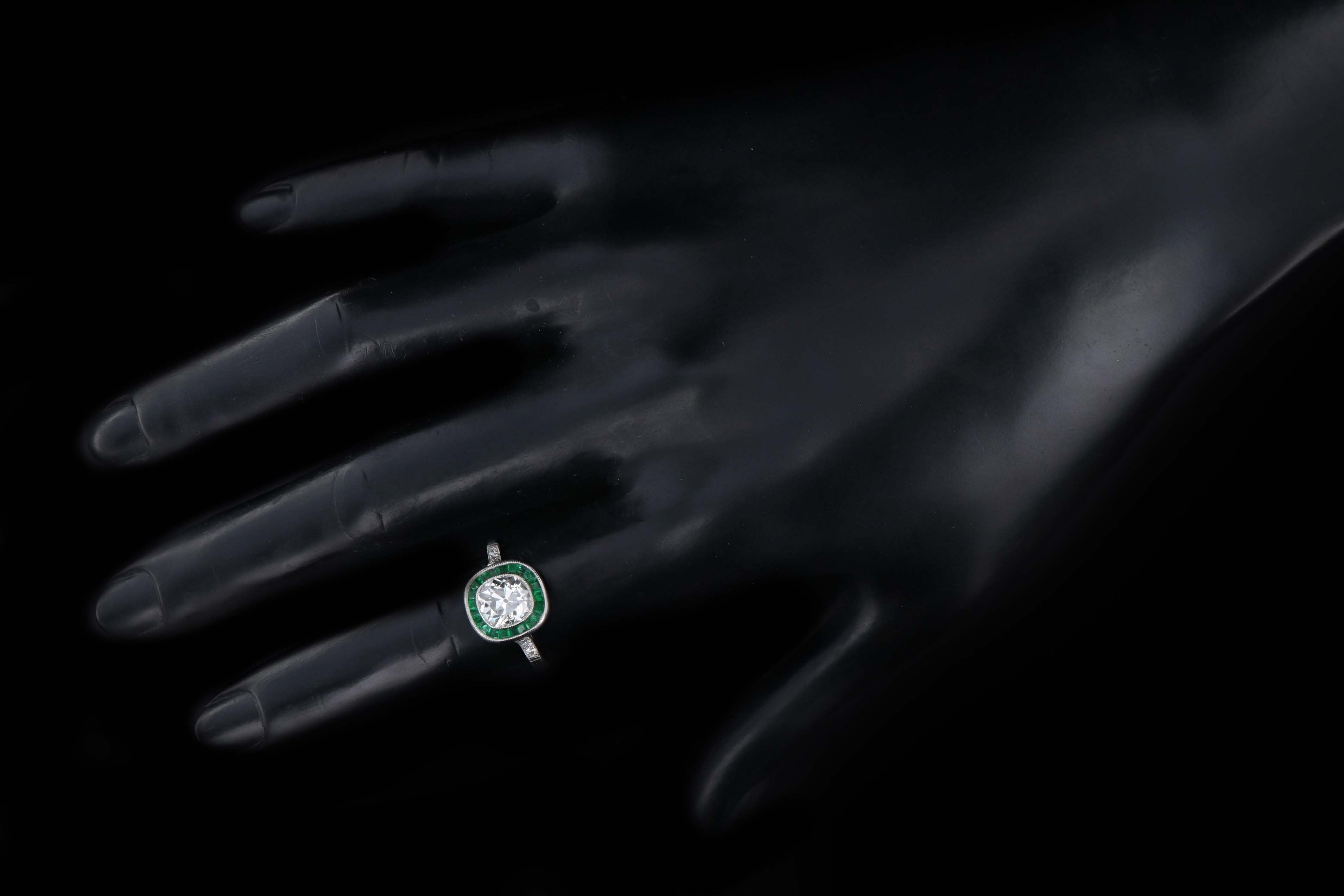 Art Deco Inspired 1.80 Carat Old Mine Diamond & Natural Emerald Halo Engagement Ring - Queen May