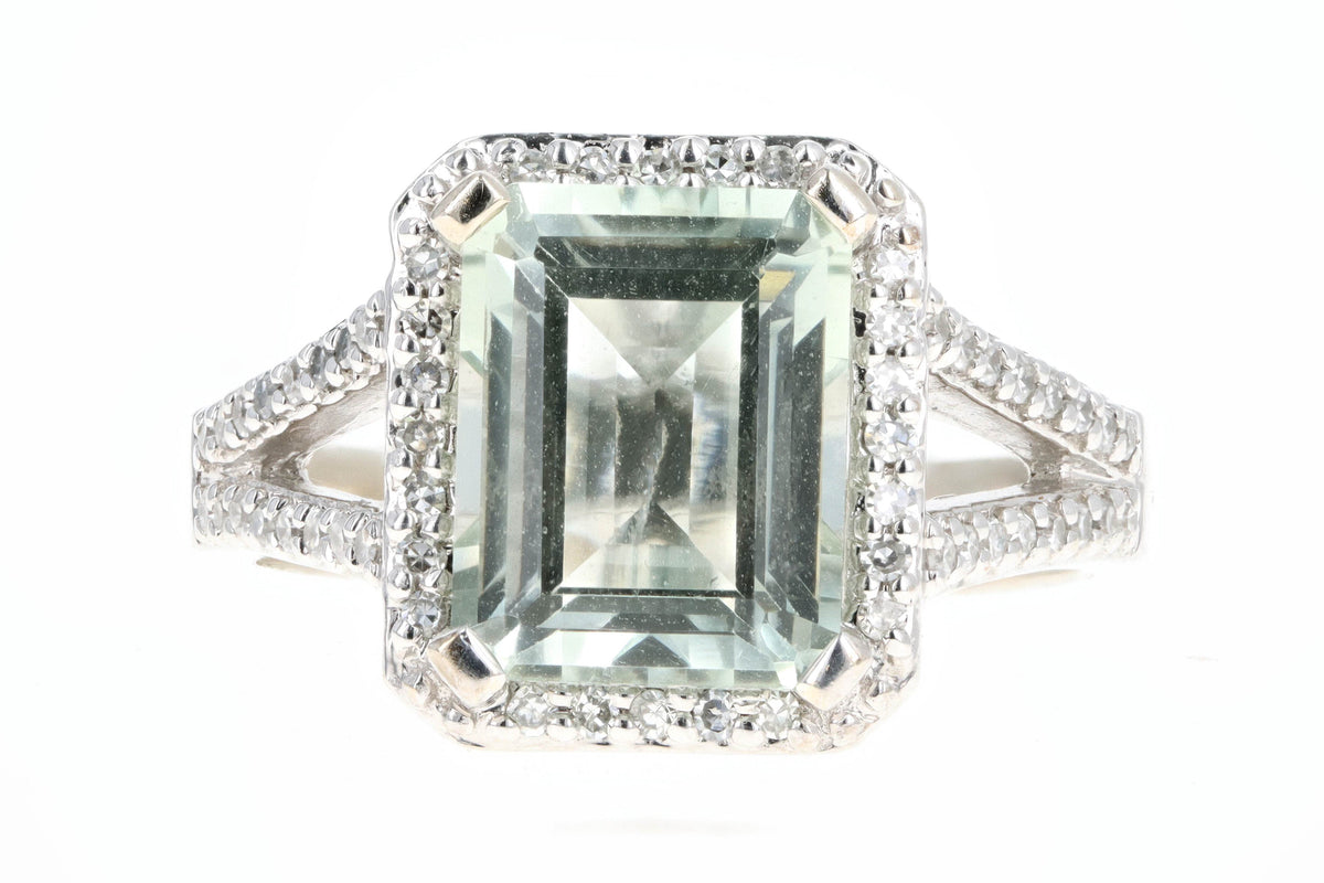 14K White Gold 1.75 Carat Prasiolite & Diamond Halo Ring - Queen May