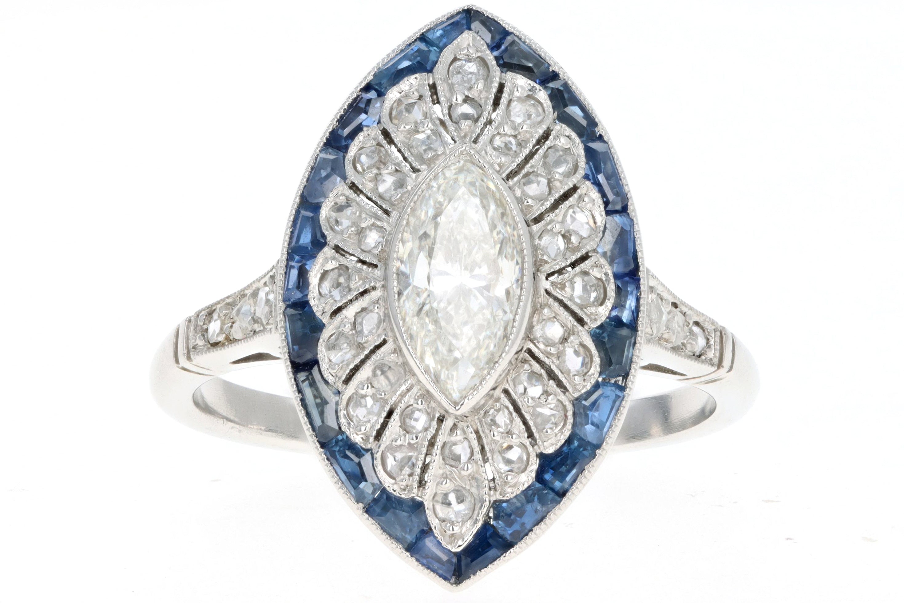 Art Deco Inspired Platinum .60 Carat Marquise Cut Diamond & Sapphire Ring - Queen May