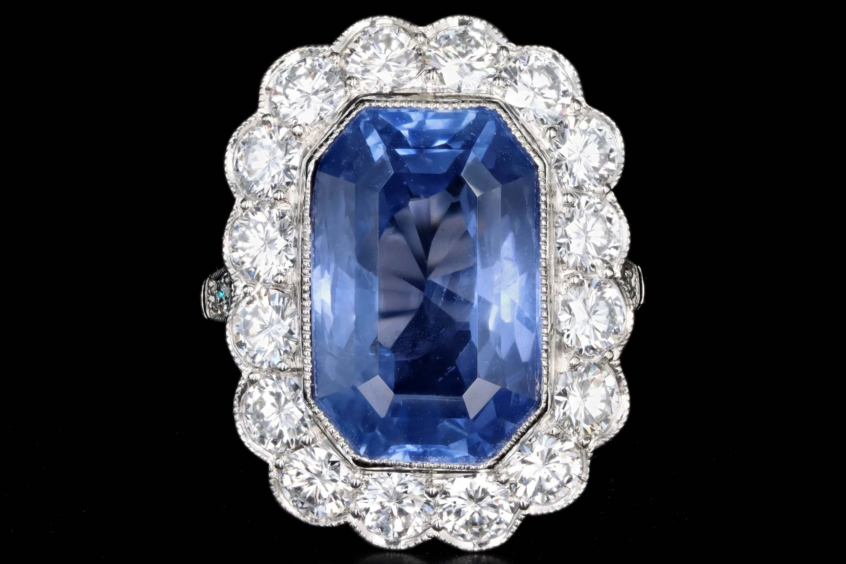 Art Deco Inspired 13.95 Carat No Heat Ceylon Sapphire & Diamond Halo Cluster Ring - Queen May