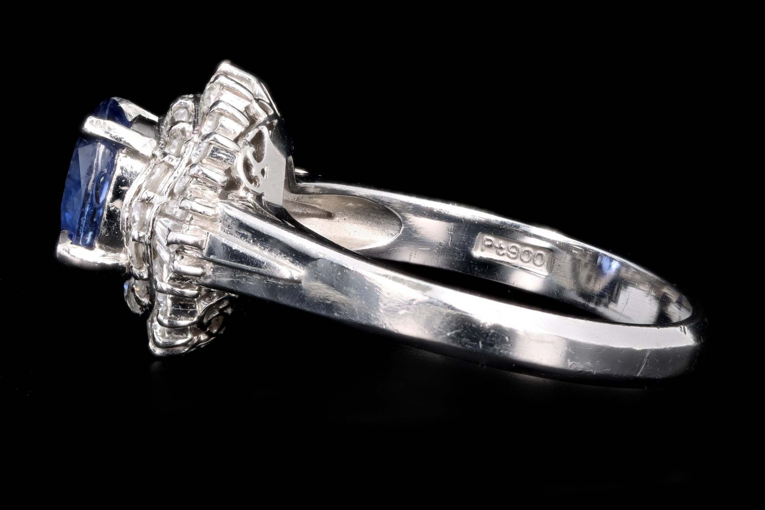 Retro Platinum 1.38 Carat Cushion Cut Natural Sapphire & Diamond Fan Ring - Queen May