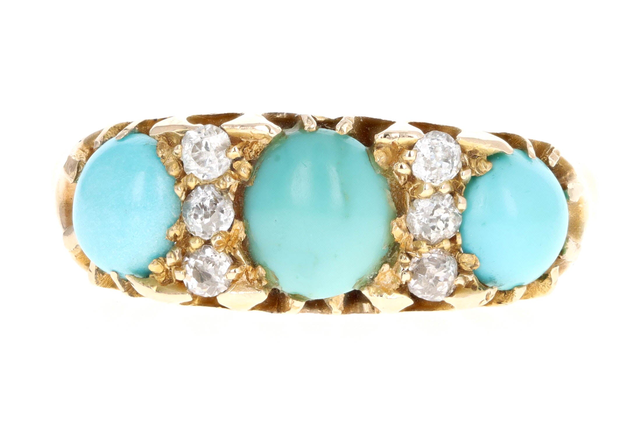 Victorian 18K Yellow Gold Cabochon Cut Turquoise & Old Mine Cut Diamond Three Stone Ring - Queen May