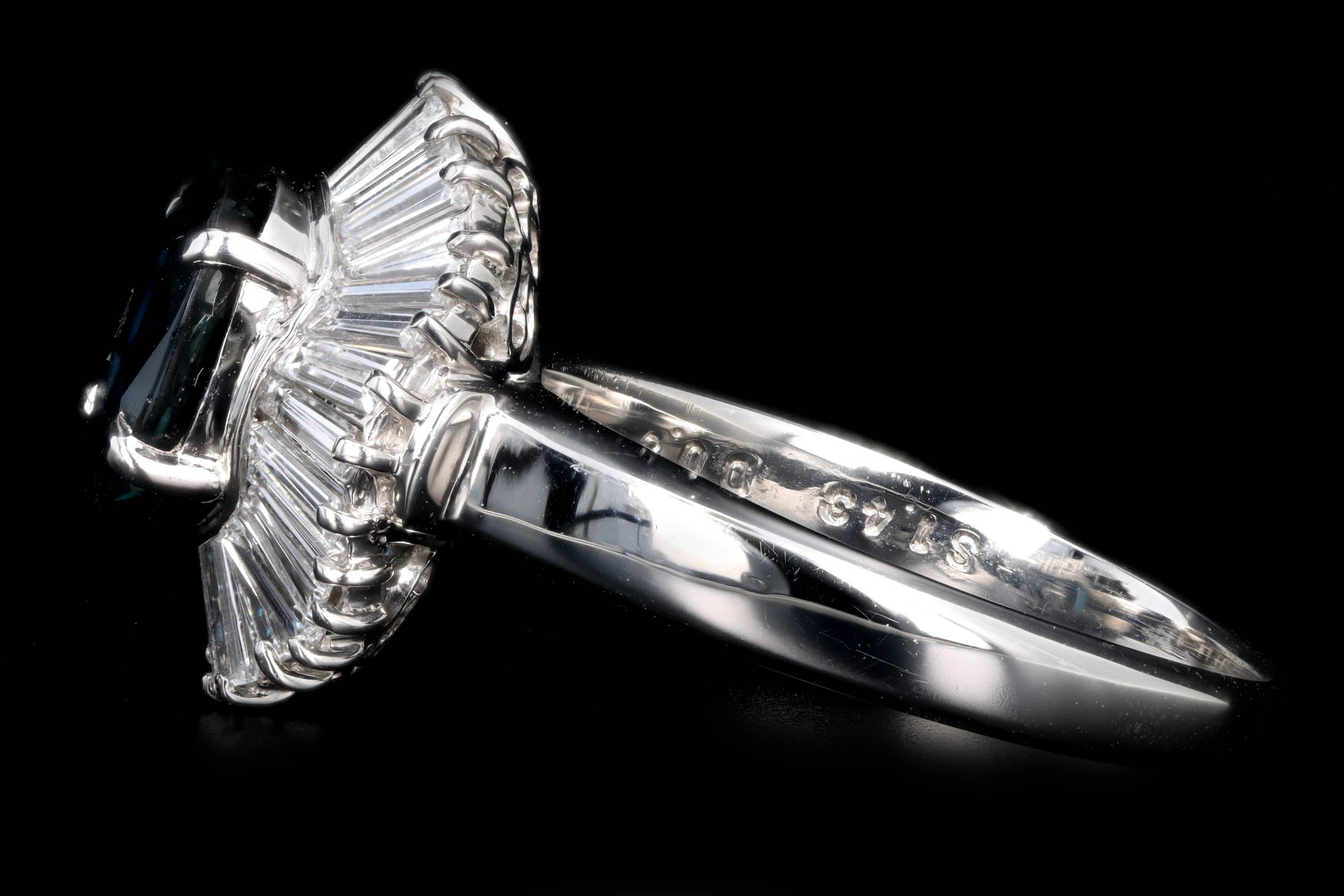 Retro Platinum 1.43 Carat Oval Natural Sapphire & Baguette Diamond Ballerina Ring - Queen May