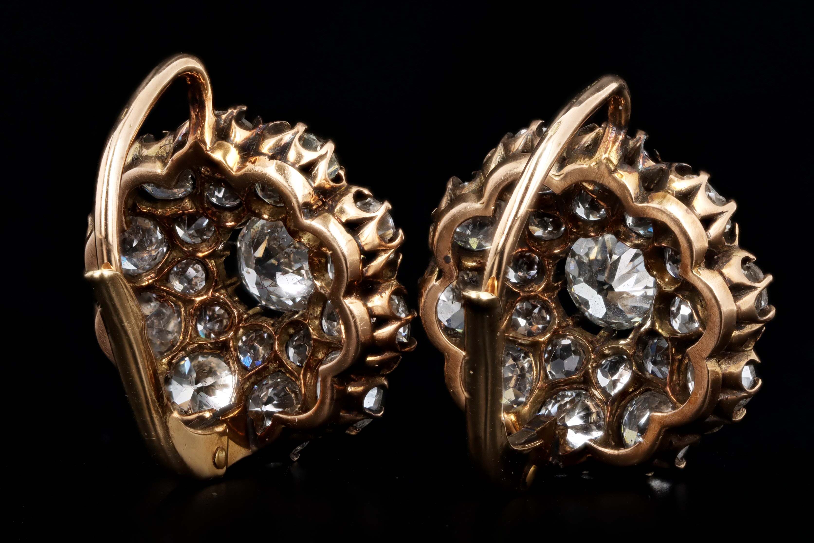 Victorian 18K Yellow Gold 5.24 Carat Total Weight Old Mine Cut & Old European Cut Diamond Cluster Drop Earrings - Queen May