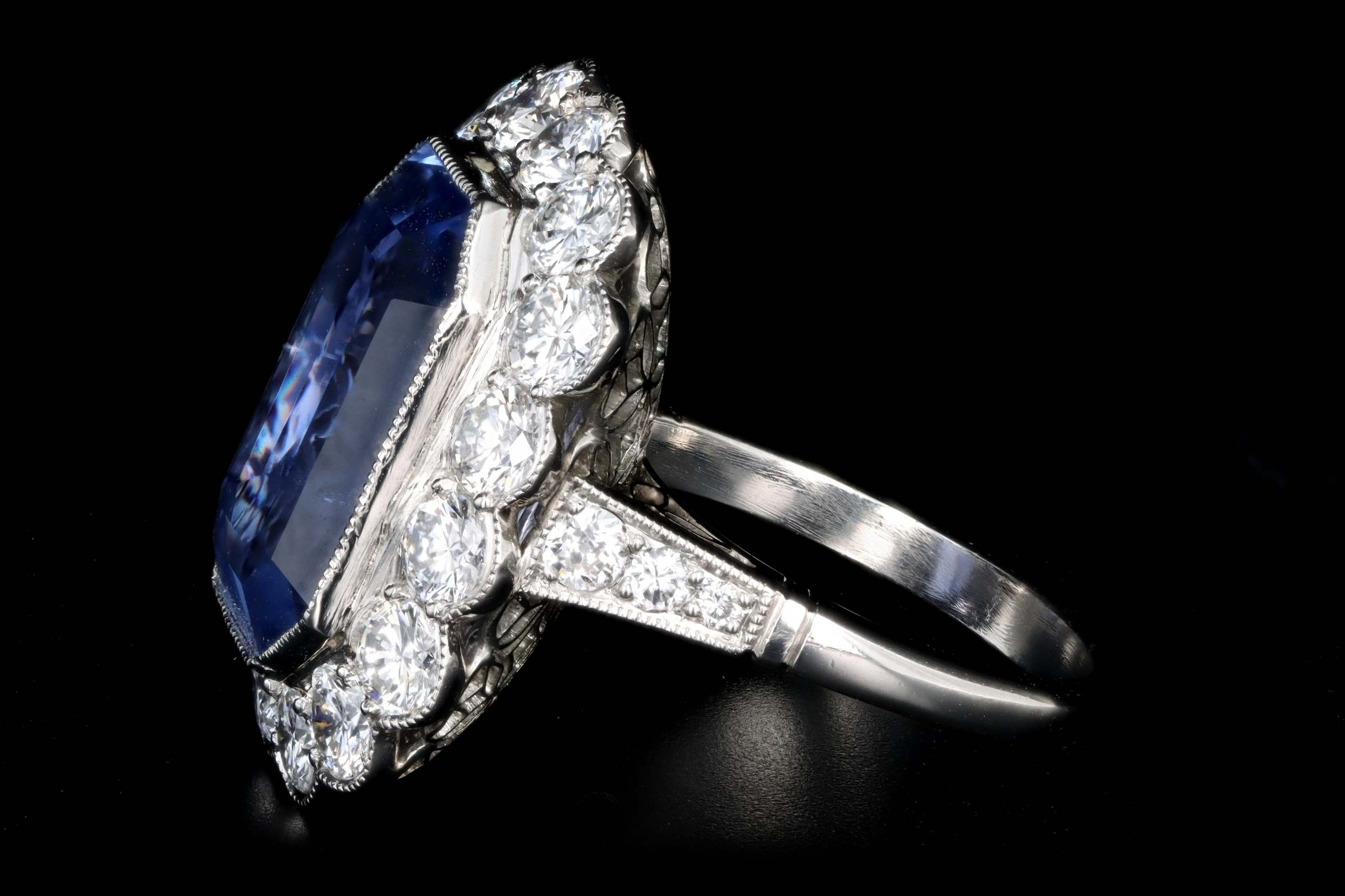 Art Deco Inspired 13.95 Carat No Heat Ceylon Sapphire & Diamond Halo Cluster Ring - Queen May
