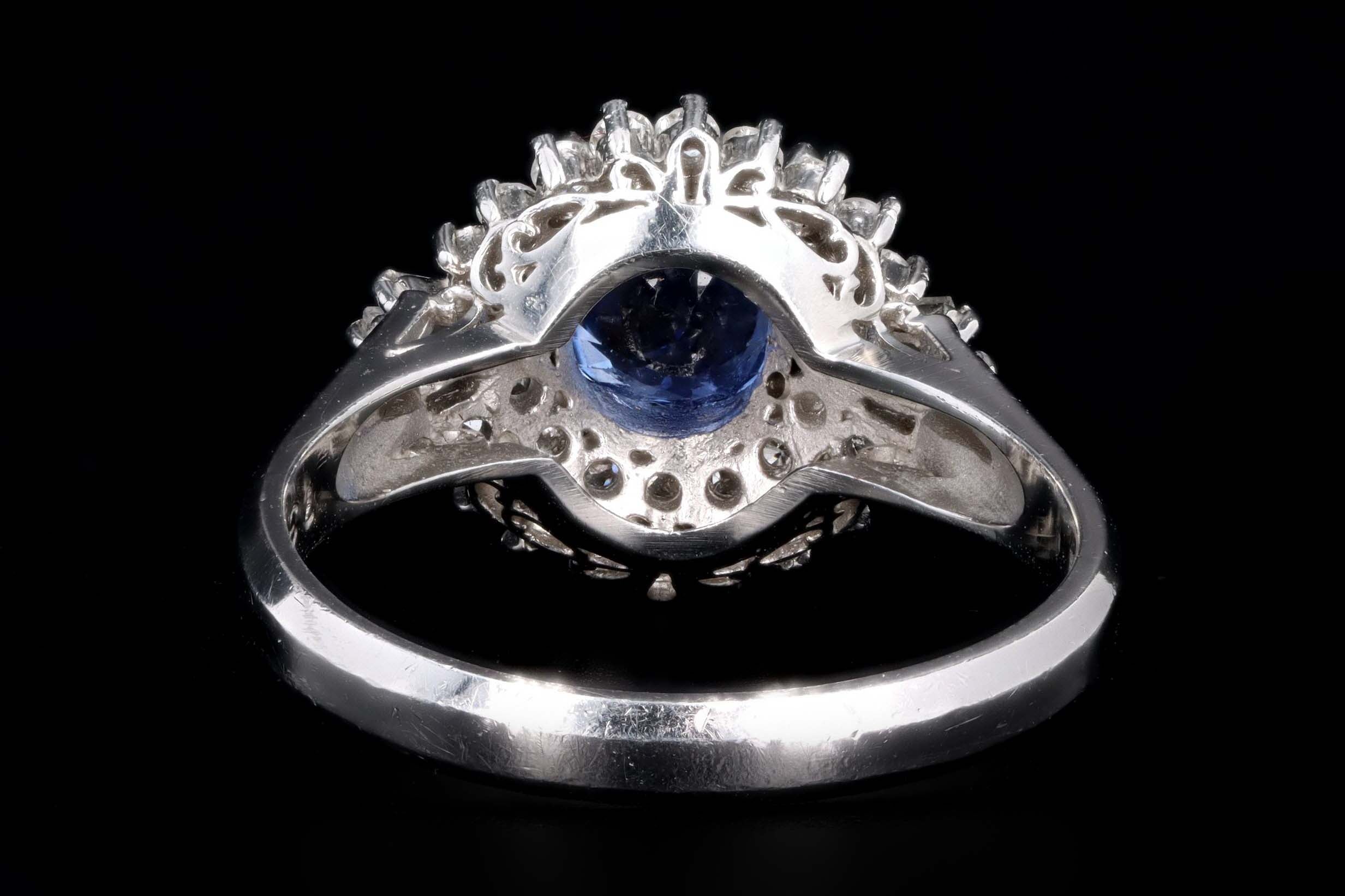 Retro Platinum 1.38 Carat Cushion Cut Natural Sapphire & Diamond Fan Ring - Queen May