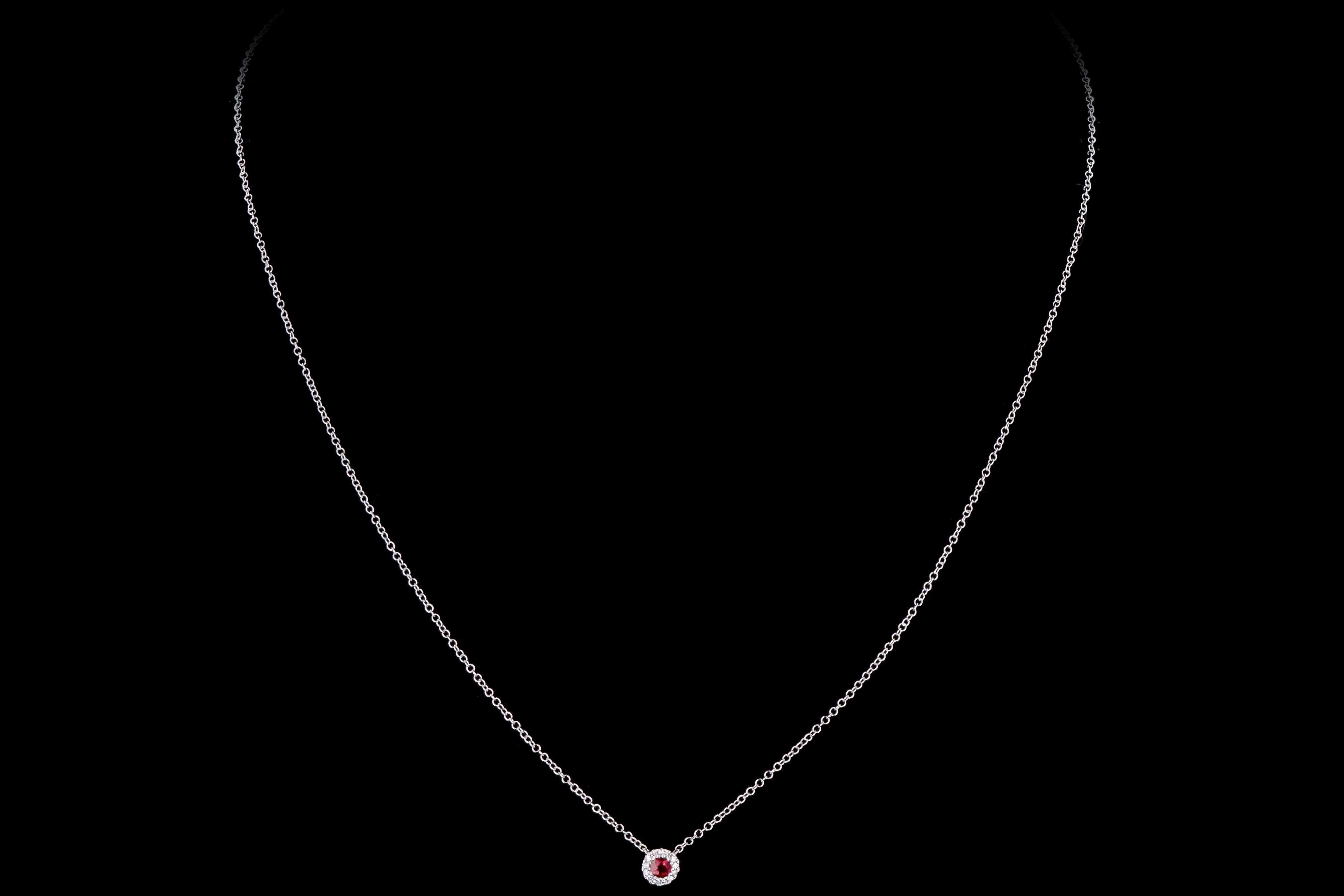 14K White Gold Ruby & Diamond Halo Pendant Necklace - Queen May