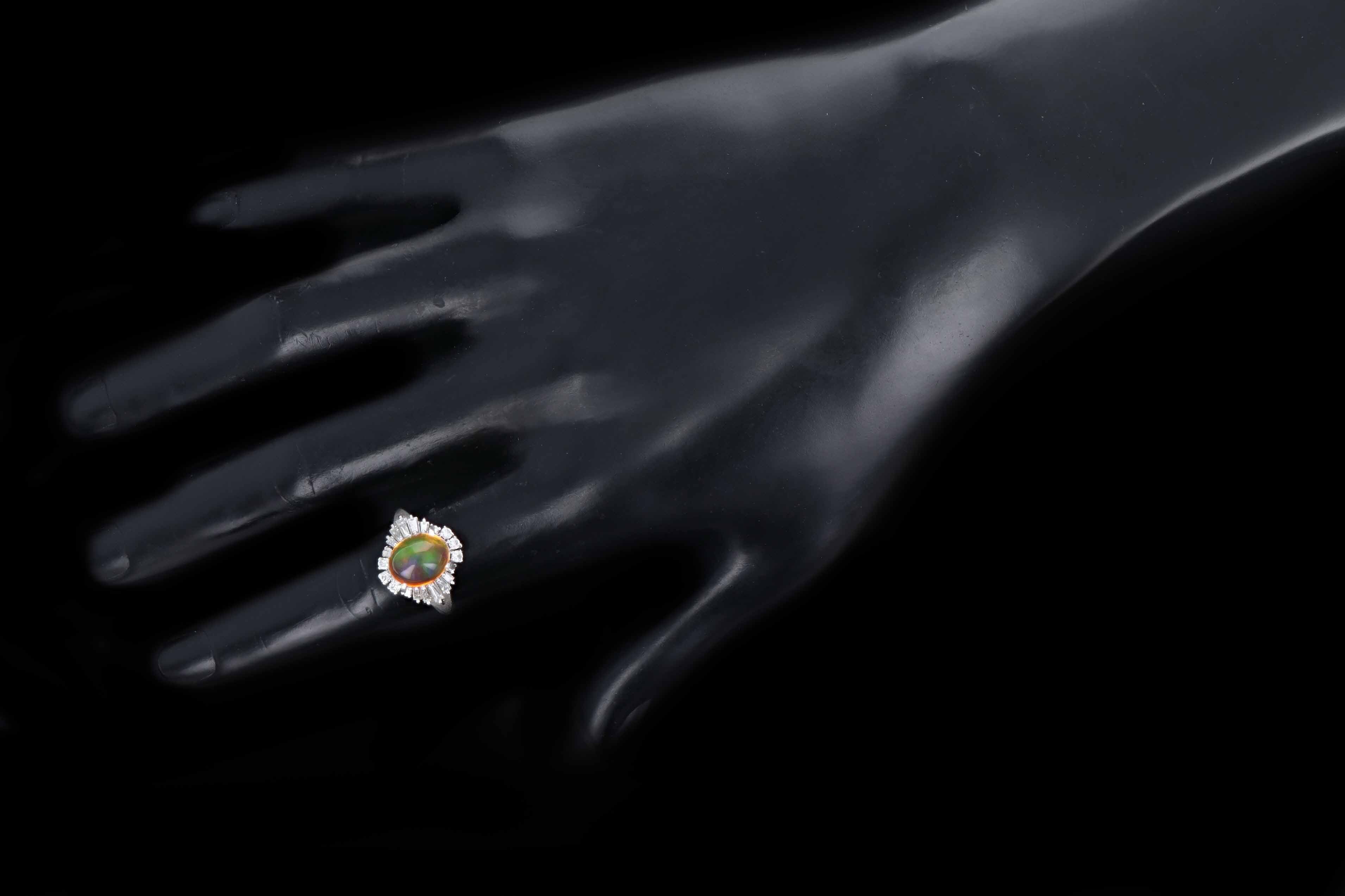 Retro Platinum 2.45 Carat Mexican Fire Opal & Baguette Diamond Ballerina Ring - Queen May