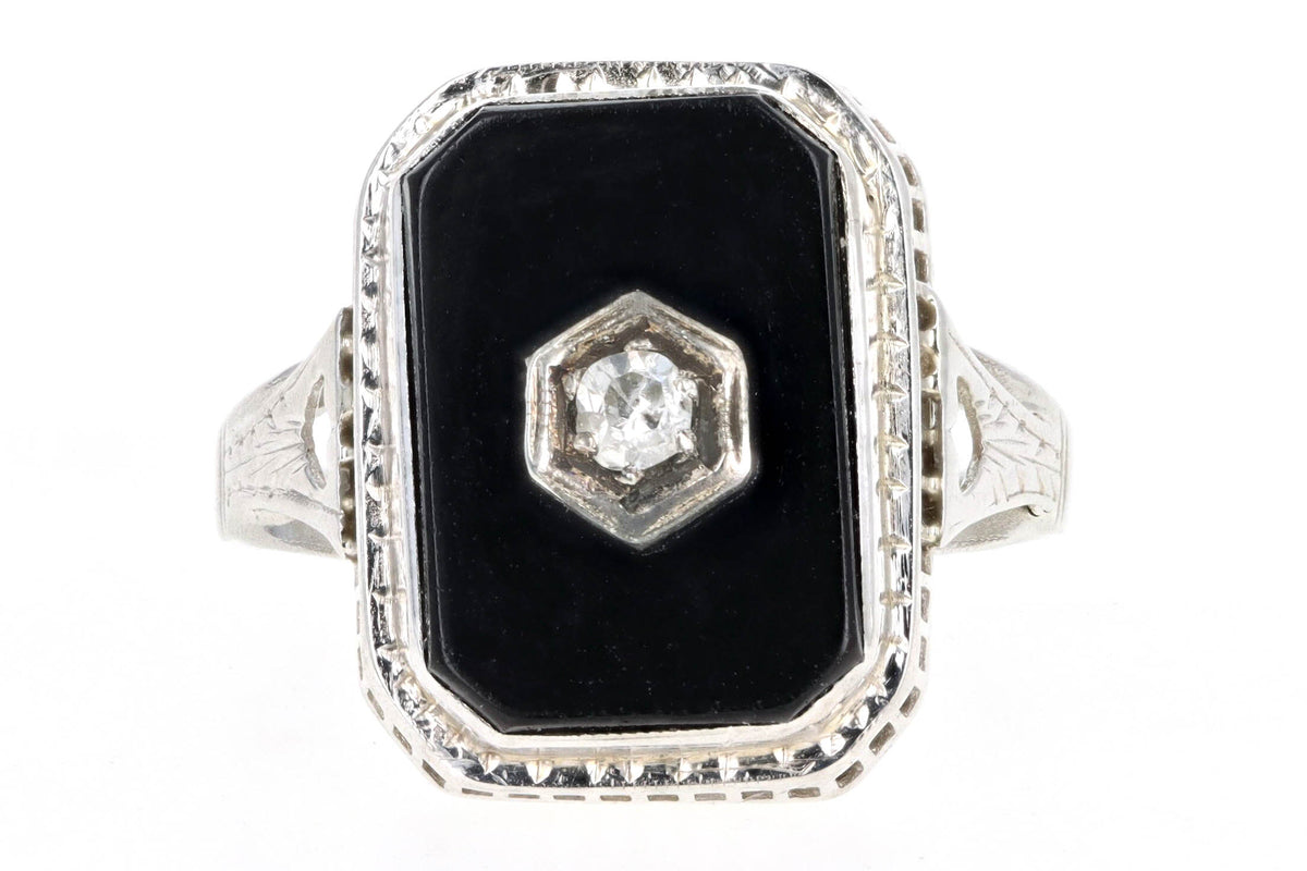 Art Deco 14K White Gold Black Onyx & Antique Single Cut Diamond Ring - Queen May