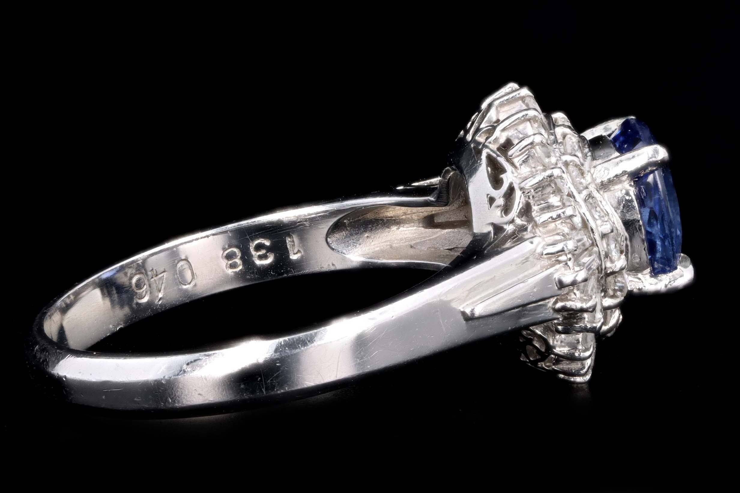 Retro Platinum 1.38 Carat Cushion Cut Natural Sapphire & Diamond Fan Ring - Queen May