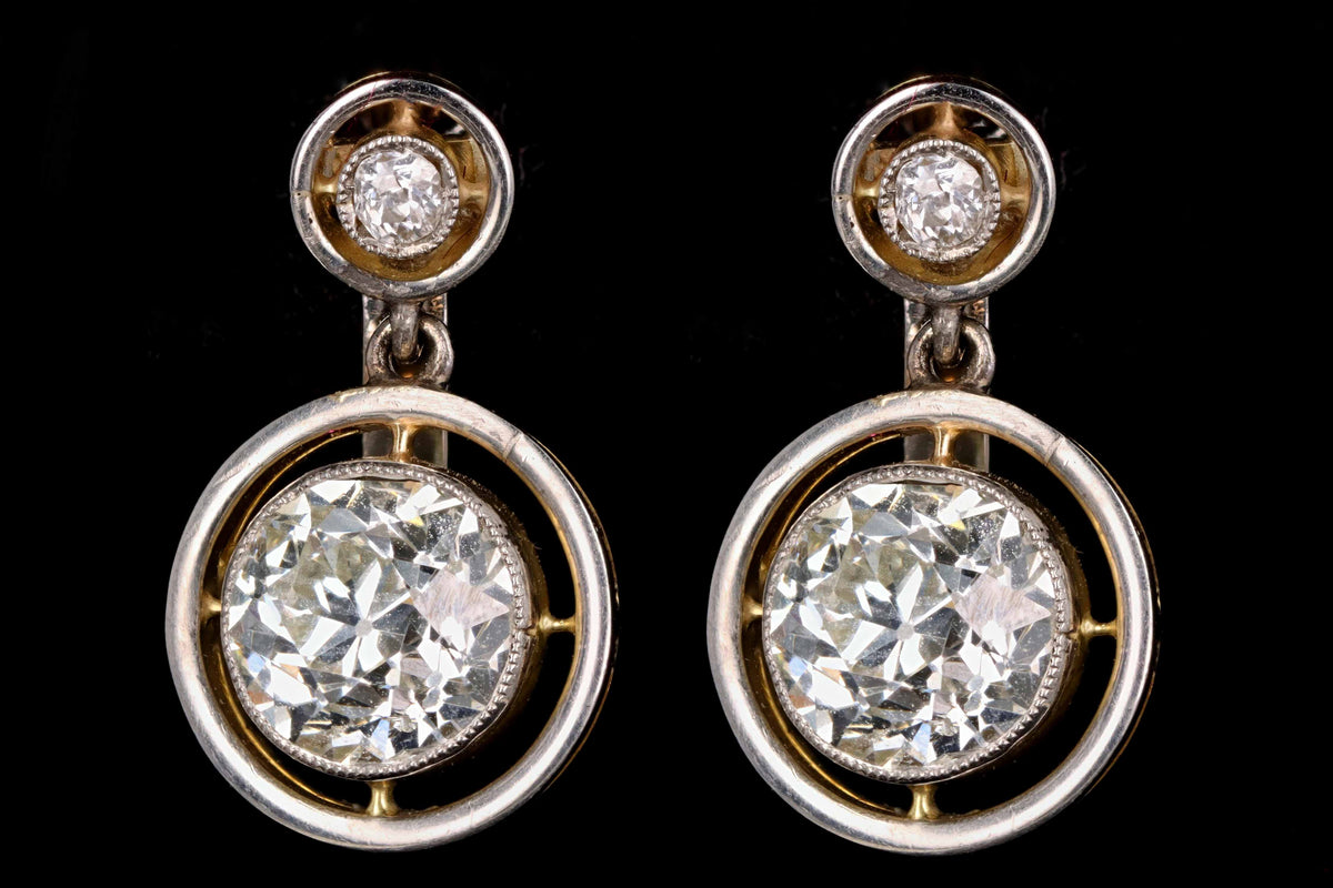 Edwardian 18K Yellow Gold Platinum 3.19 Carat Total Weight Old European Cut Diamond Drop Earrings - Queen May