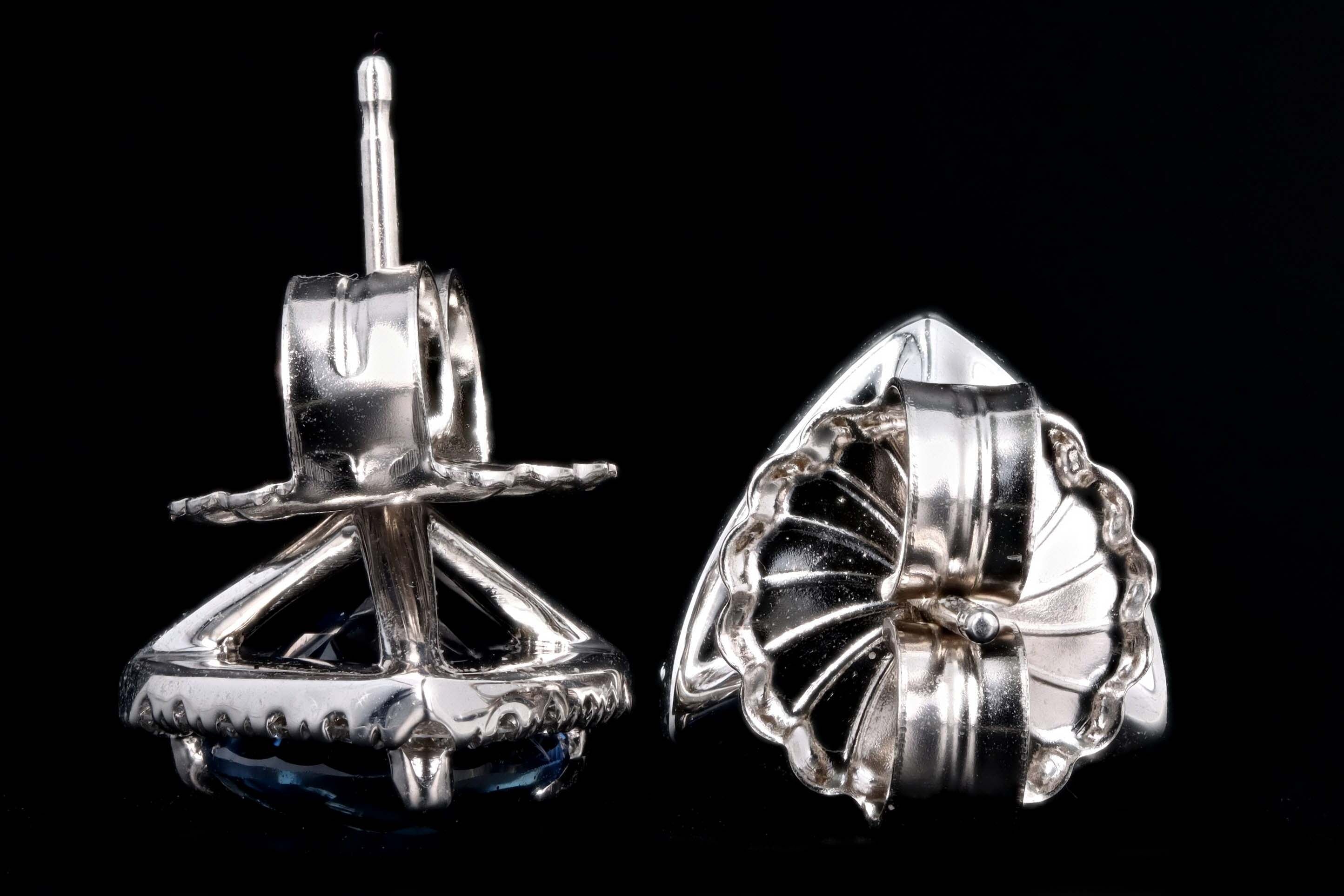 18K White Gold Trillion Cut Natural Sapphire & Diamond Halo Stud Earrings GIA Certified - Queen May
