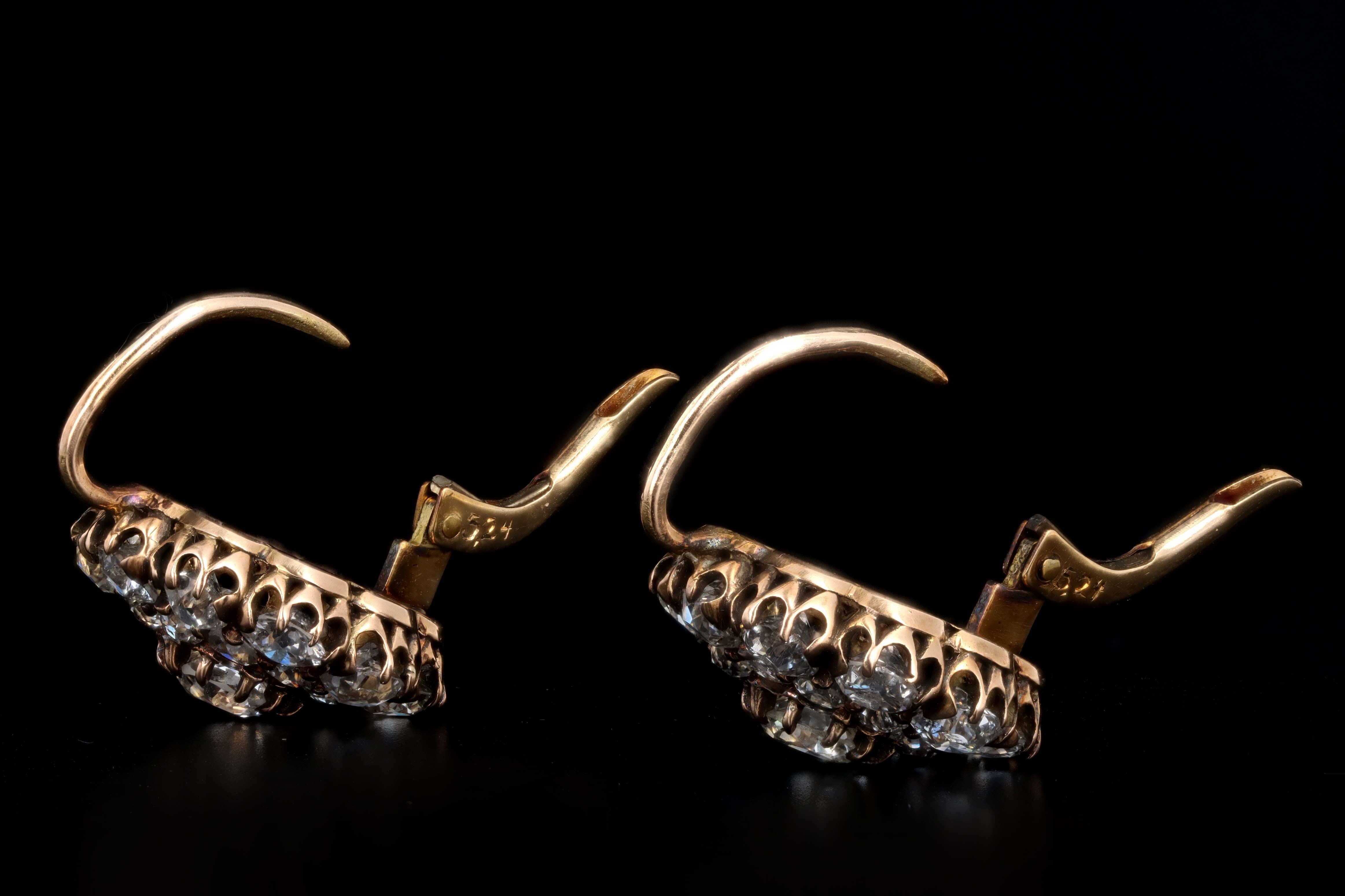 Victorian 18K Yellow Gold 5.24 Carat Total Weight Old Mine Cut & Old European Cut Diamond Cluster Drop Earrings - Queen May