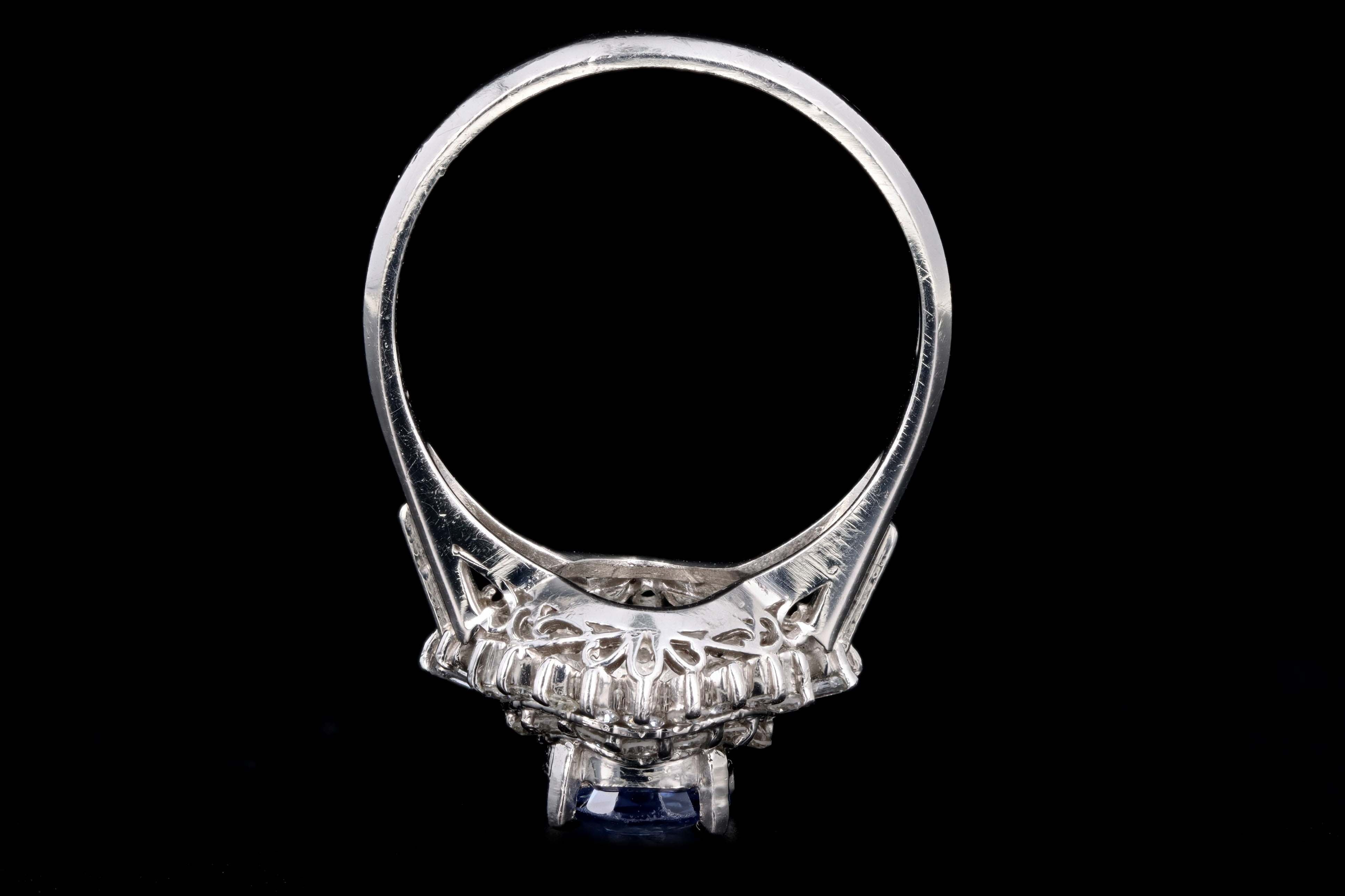 Retro Platinum 1.38 Carat Cushion Cut Natural Sapphire & Diamond Fan Ring - Queen May