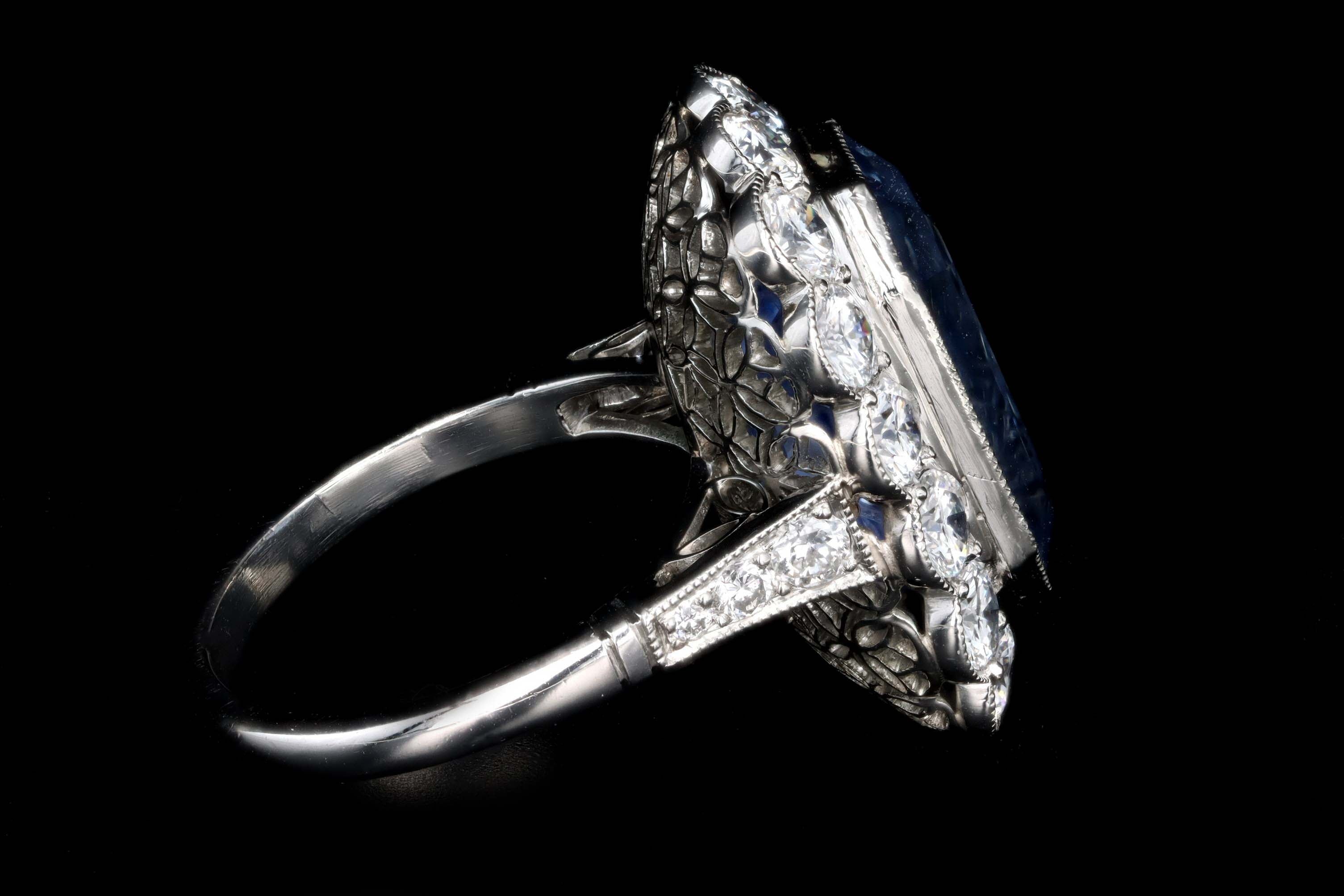 Art Deco Inspired 13.95 Carat No Heat Ceylon Sapphire & Diamond Halo Cluster Ring - Queen May