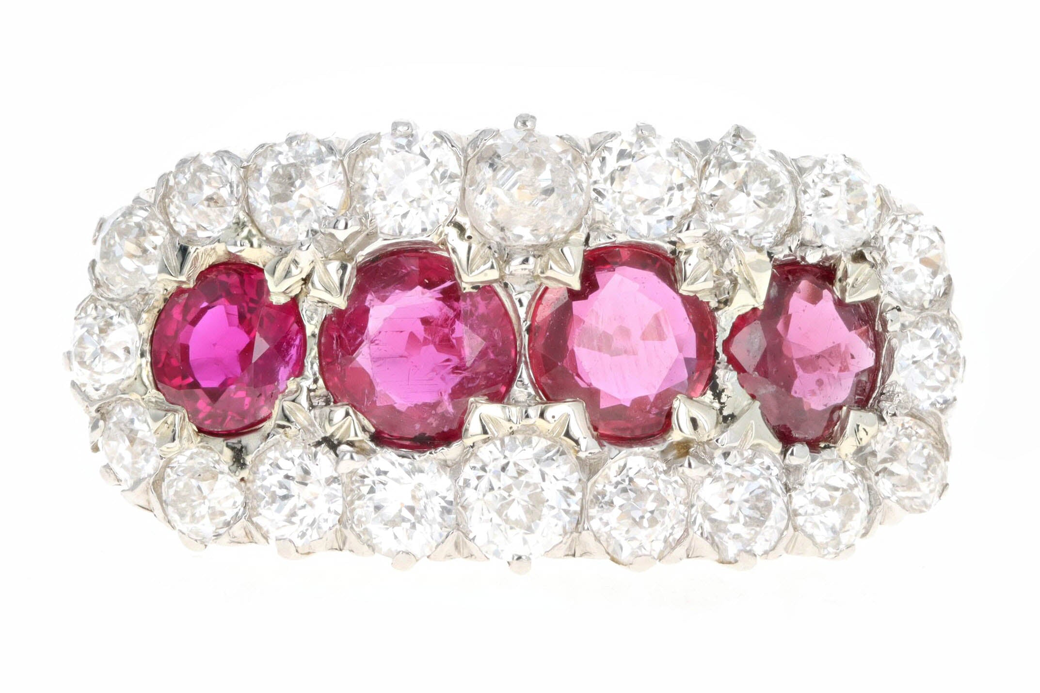 Victorian 18K Yellow Gold Four Round Natural Ruby & Old European Cut Diamond Ring - Queen May