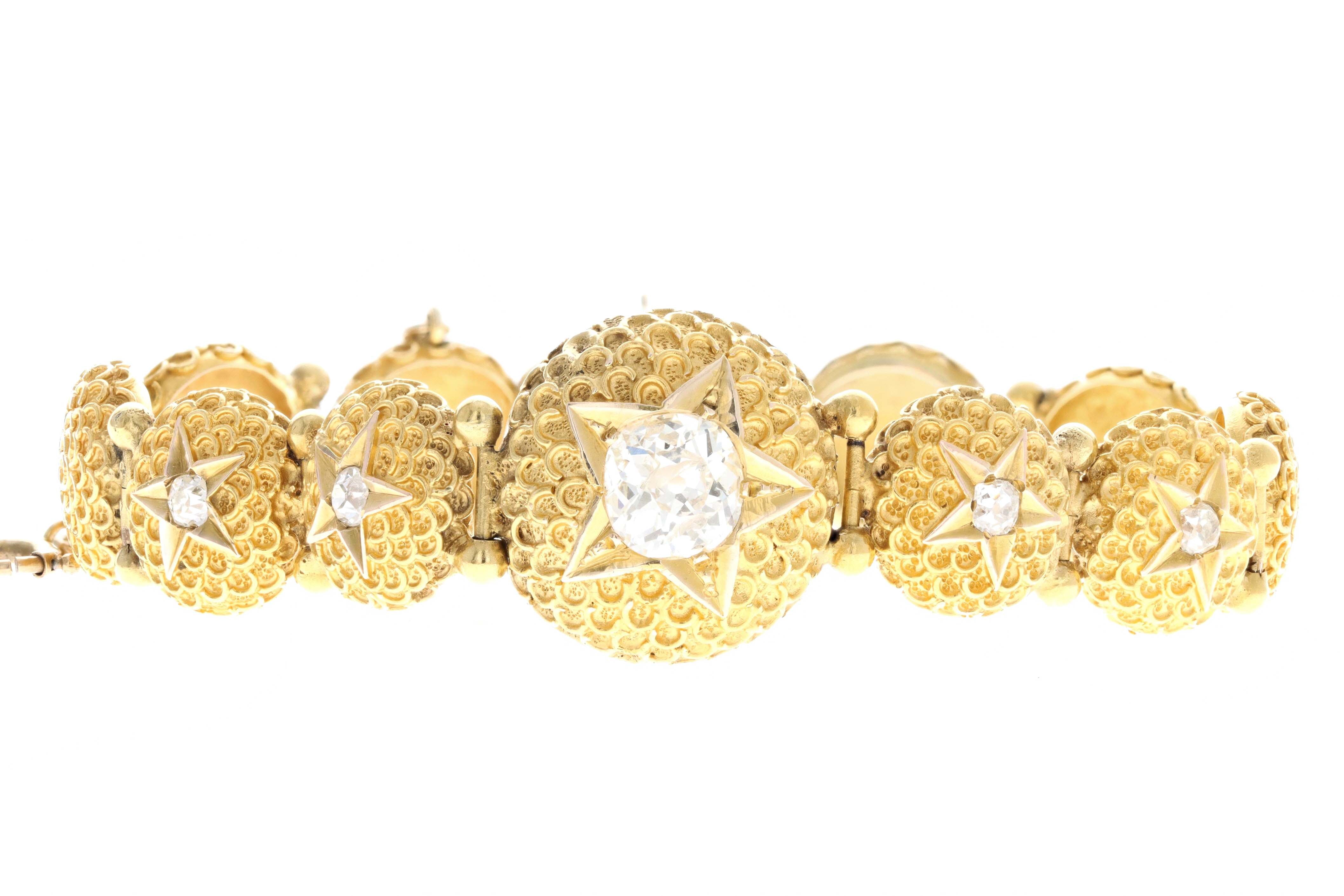 Victorian 14K Yellow Gold 1.50 Carat Old Mine Cut Diamond Starburst Button Bracelet - Queen May