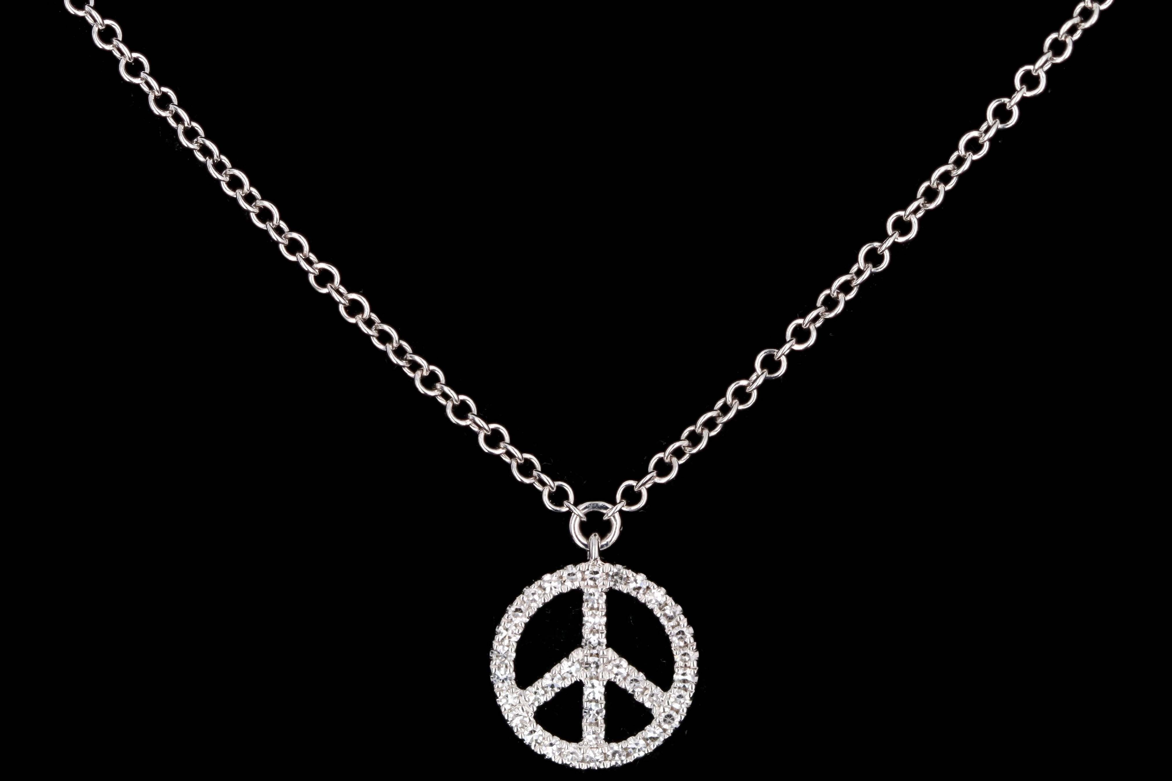 New 14K White Gold Mini Diamond Peace Sign Pendant Necklace - Queen May