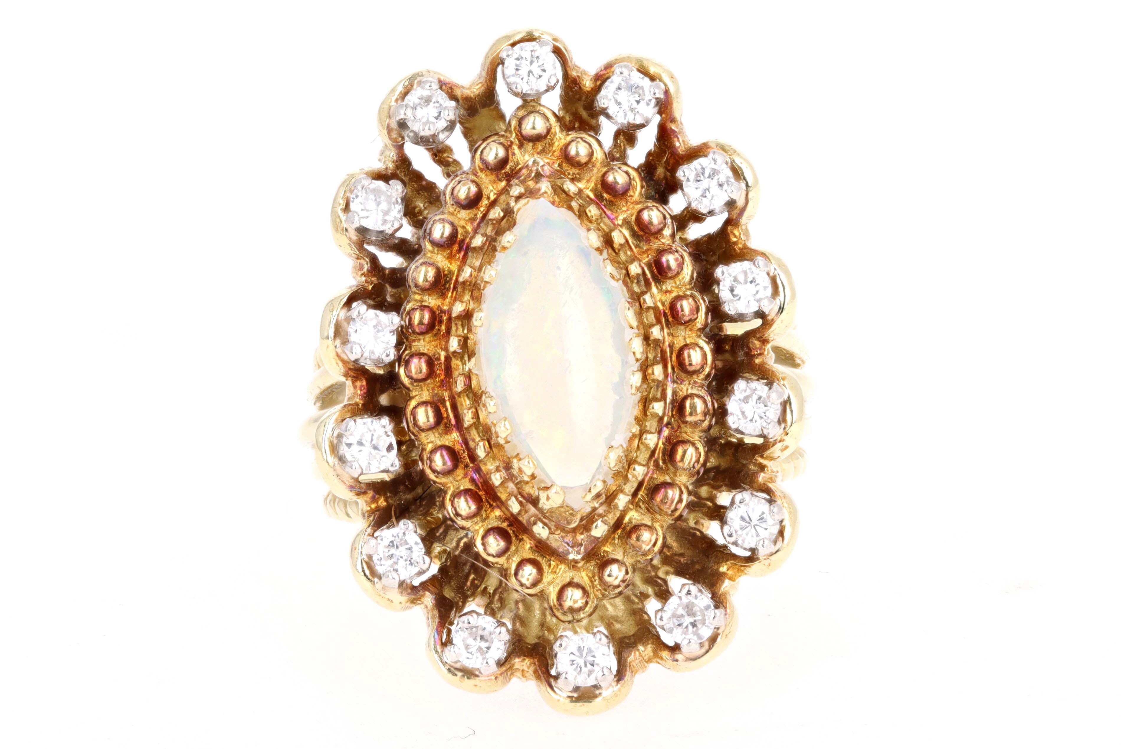 Vintage 14K Yellow Gold .75 Carat Marquise Cabochon Opal & Diamond Ring - Queen May