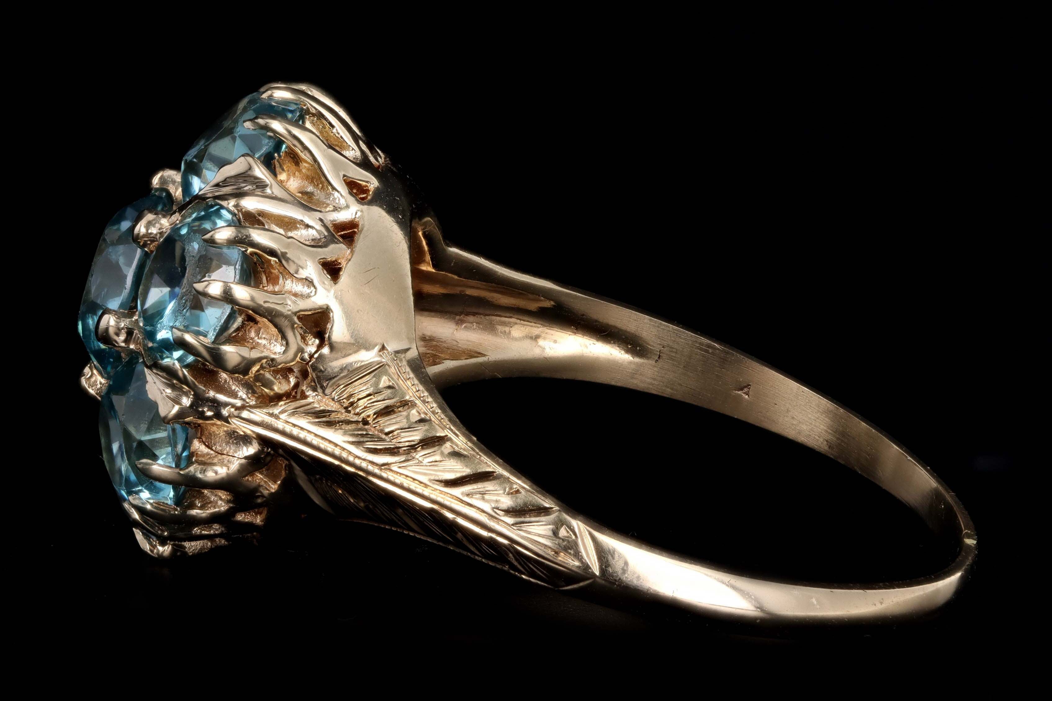 Victorian Inspired 14K Yellow Gold 5.92 Carat Total Weight Blue Zircon Cluster Ring - Queen May