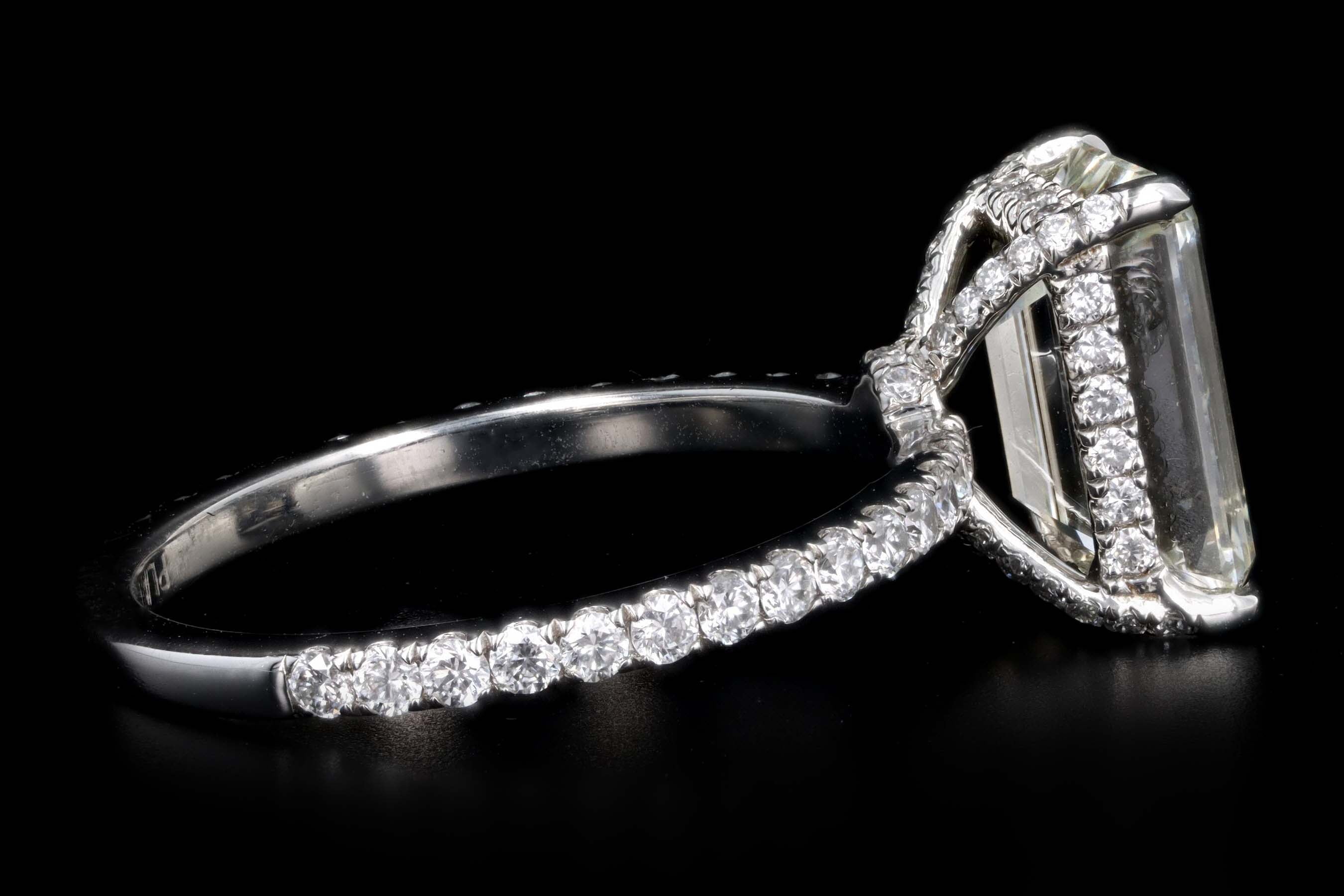 Platinum 3.06 Carat Emerald Cut Diamond French Halo Engagement Ring GIA Certified - Queen May