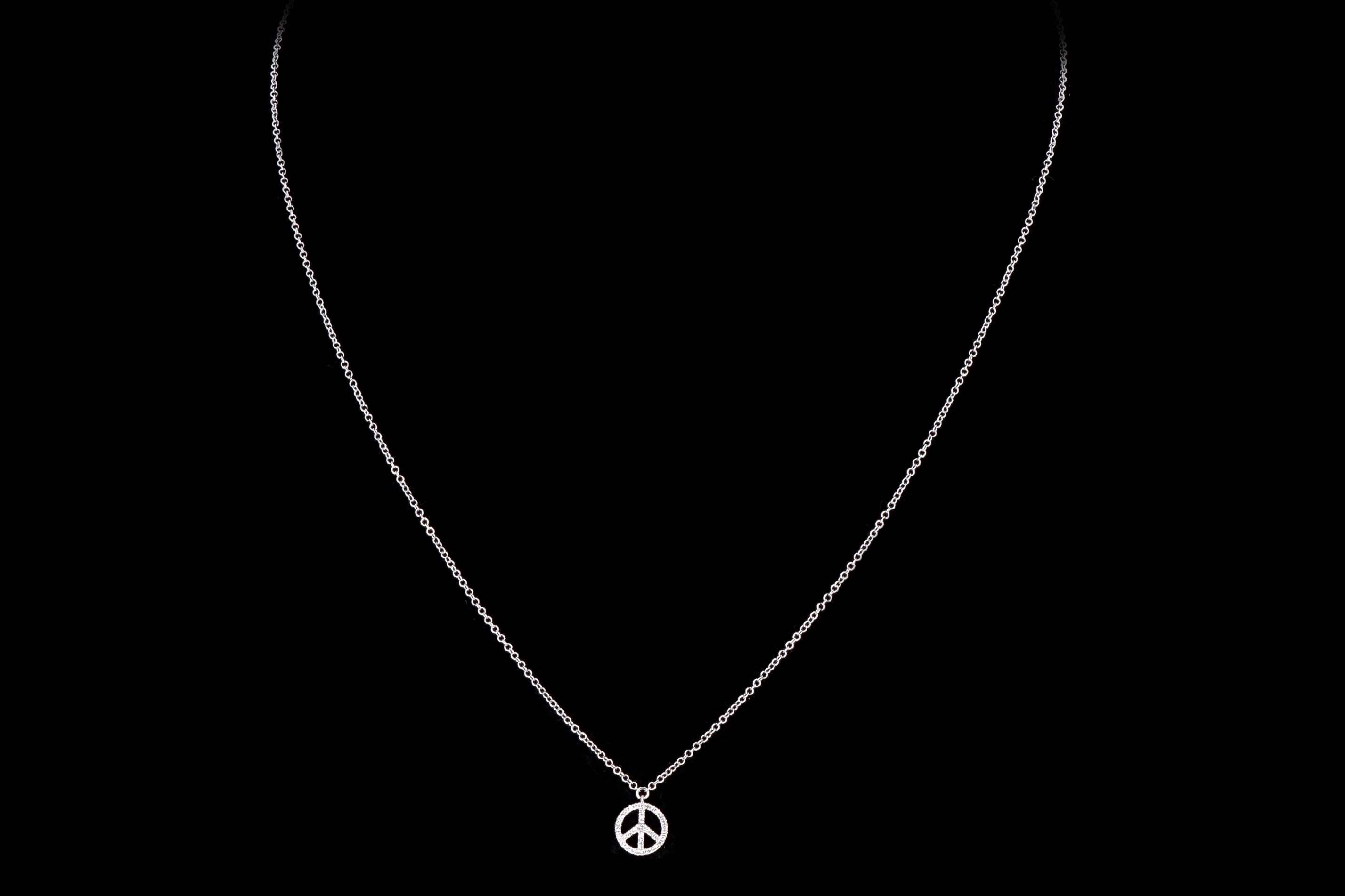 New 14K White Gold Mini Diamond Peace Sign Pendant Necklace - Queen May