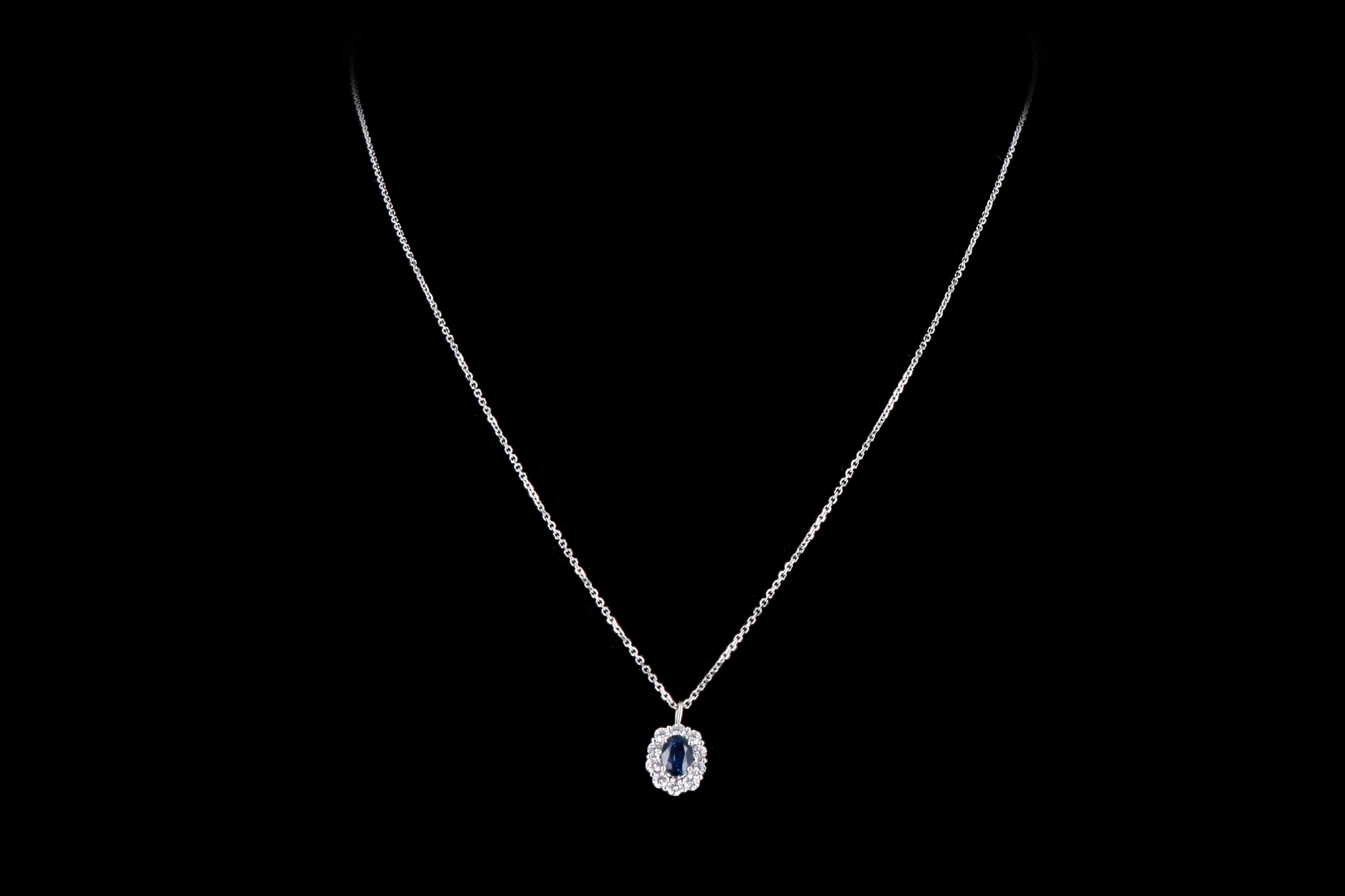 14K White Gold .50 Carat Oval Natural Sapphire & Diamond Halo Pendant Necklace - Queen May