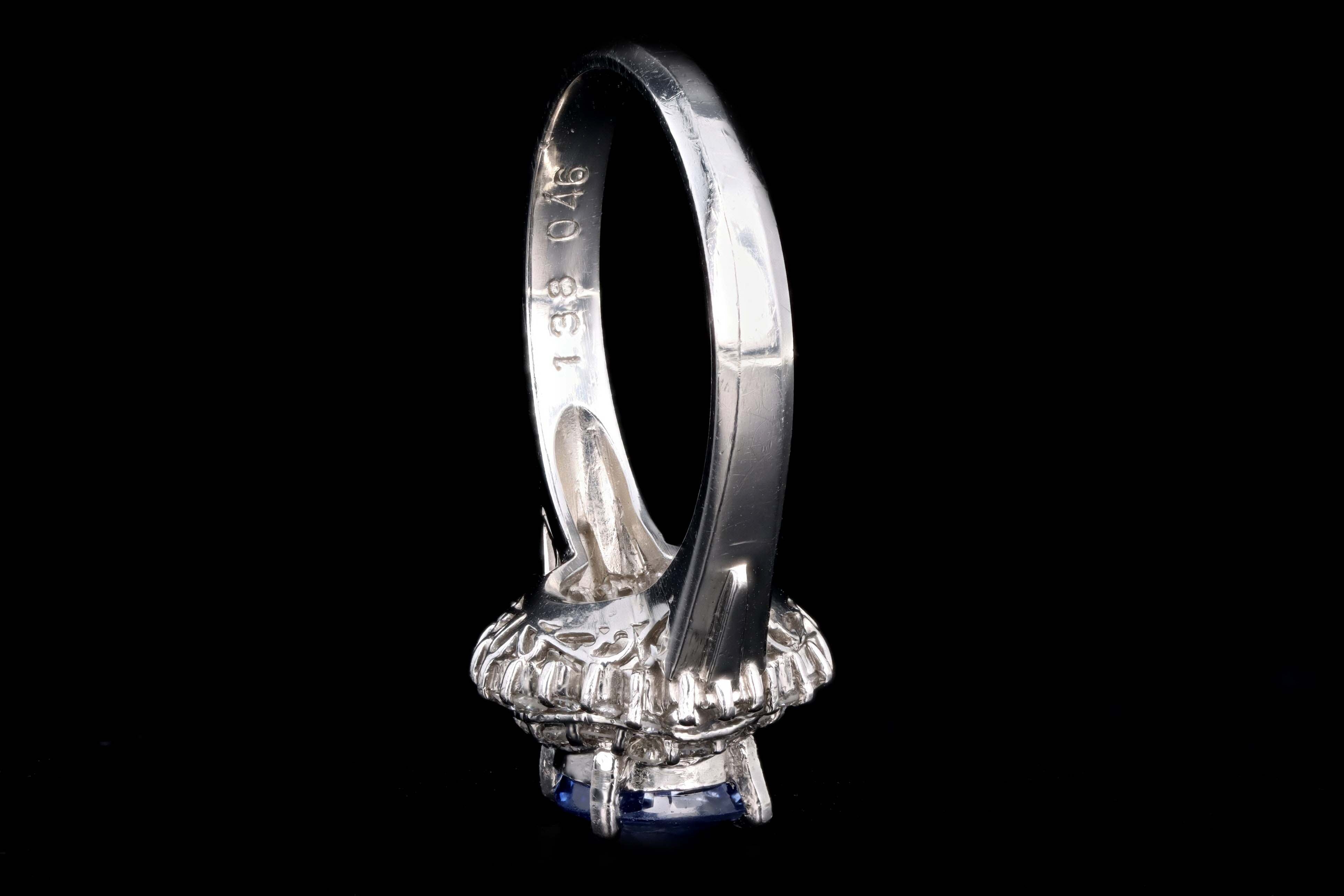 Retro Platinum 1.38 Carat Cushion Cut Natural Sapphire & Diamond Fan Ring - Queen May