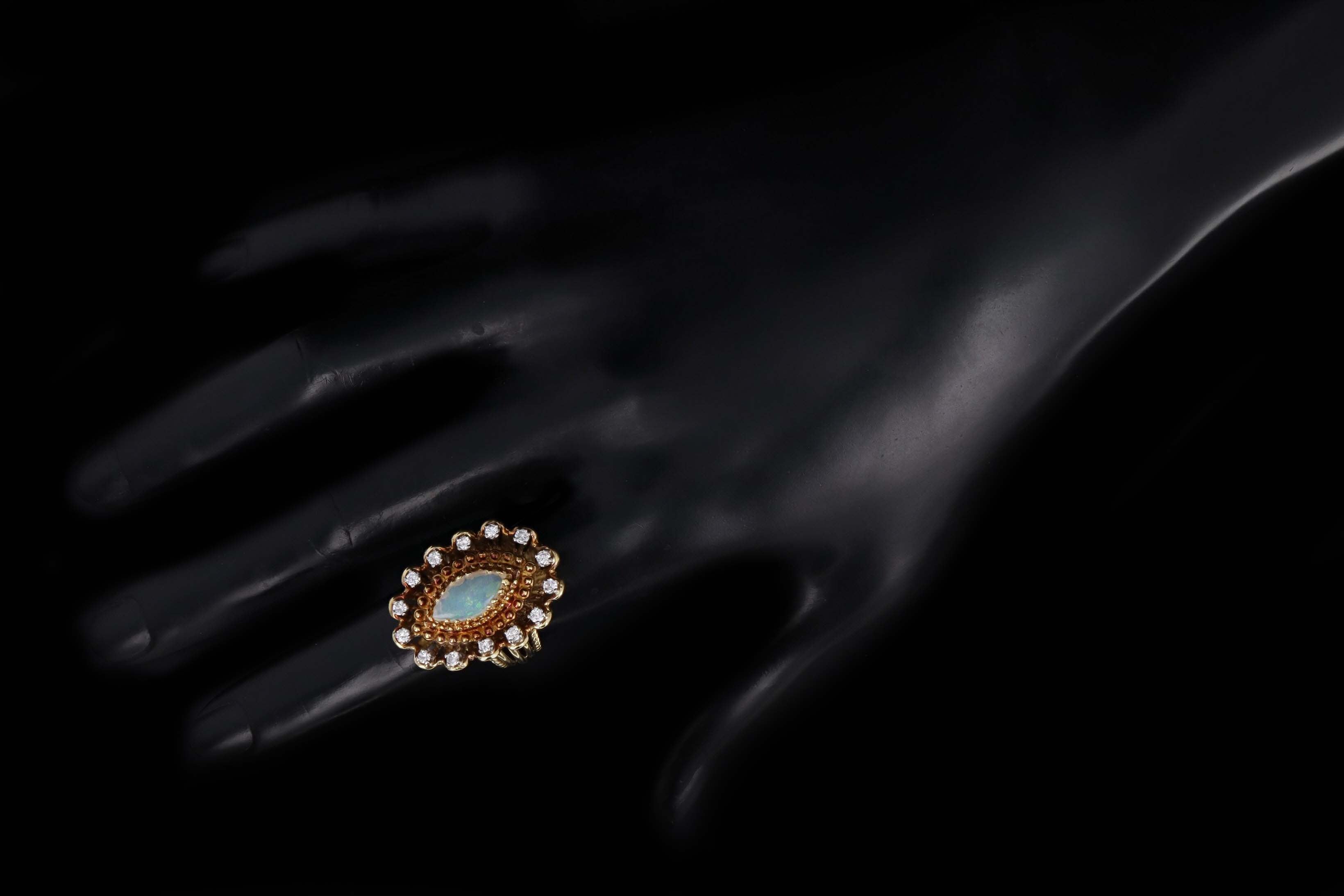 Vintage 14K Yellow Gold .75 Carat Marquise Cabochon Opal & Diamond Ring - Queen May