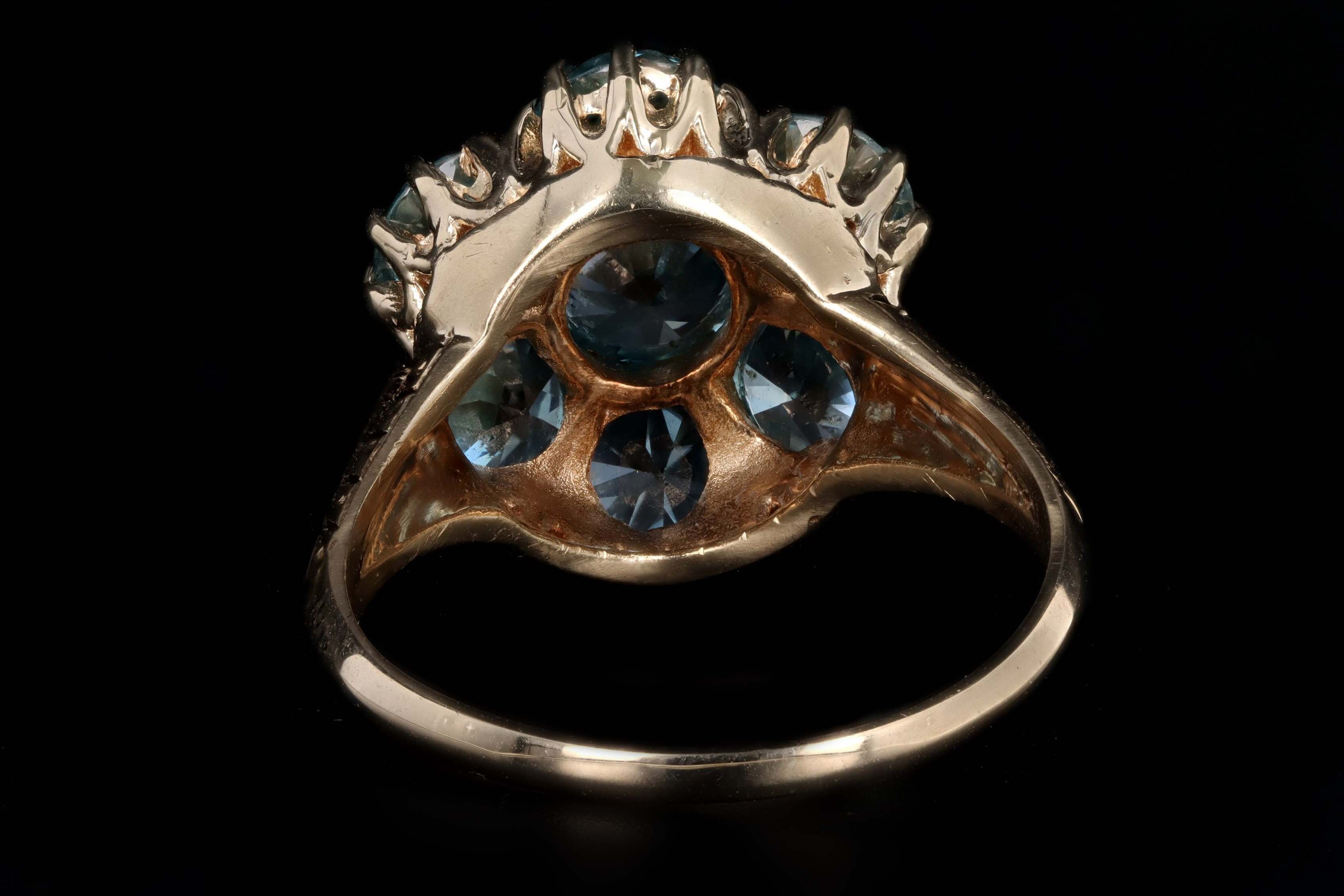 Victorian Inspired 14K Yellow Gold 5.92 Carat Total Weight Blue Zircon Cluster Ring - Queen May