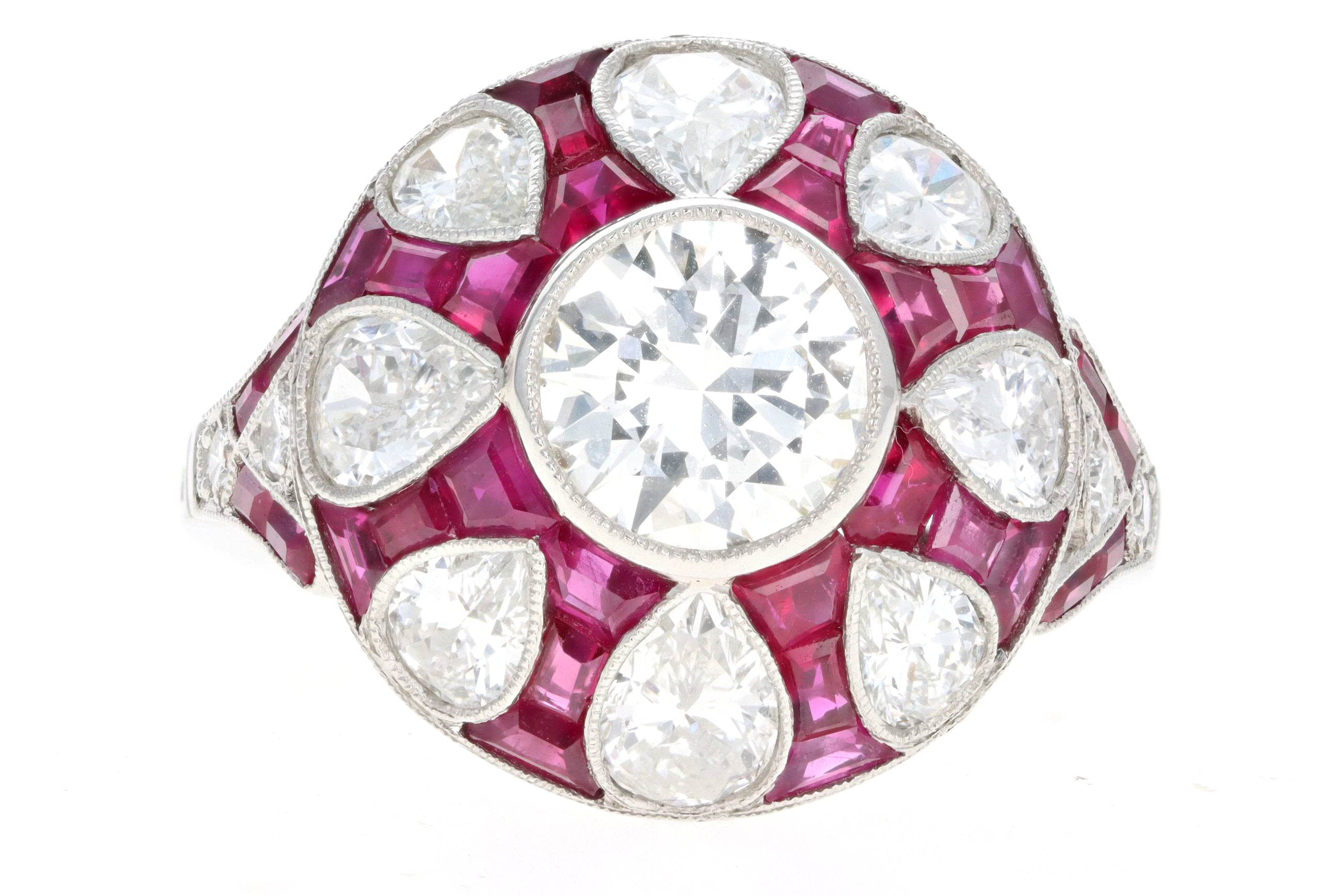 Art Deco Inspired Platinum 1.14 Carat Old European Cut Diamond & Natural Ruby Ring - Queen May