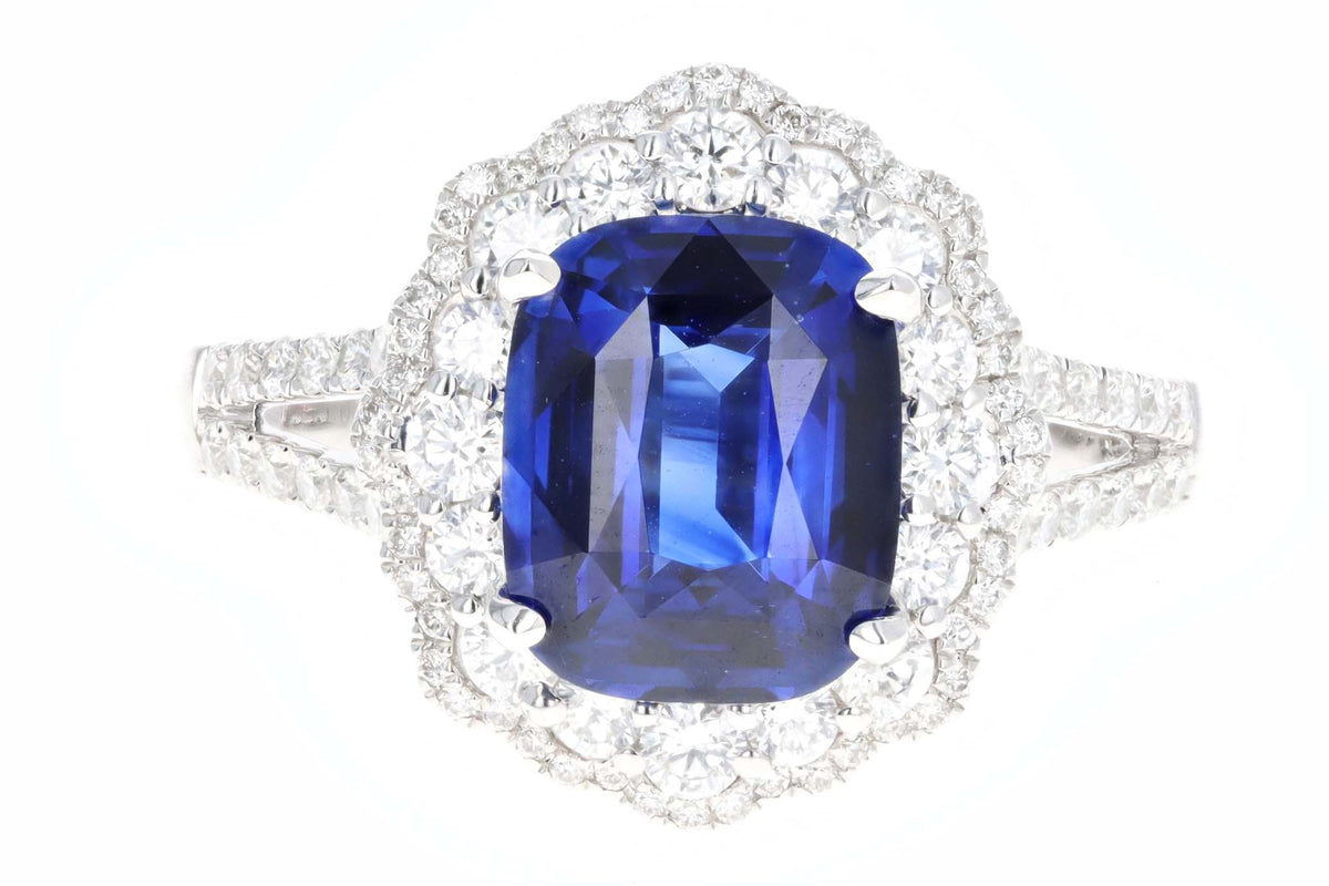 14K White Gold 3.08 Carat Cushion Cut Natural Sapphire & Diamond Halo Cluster Ring - Queen May