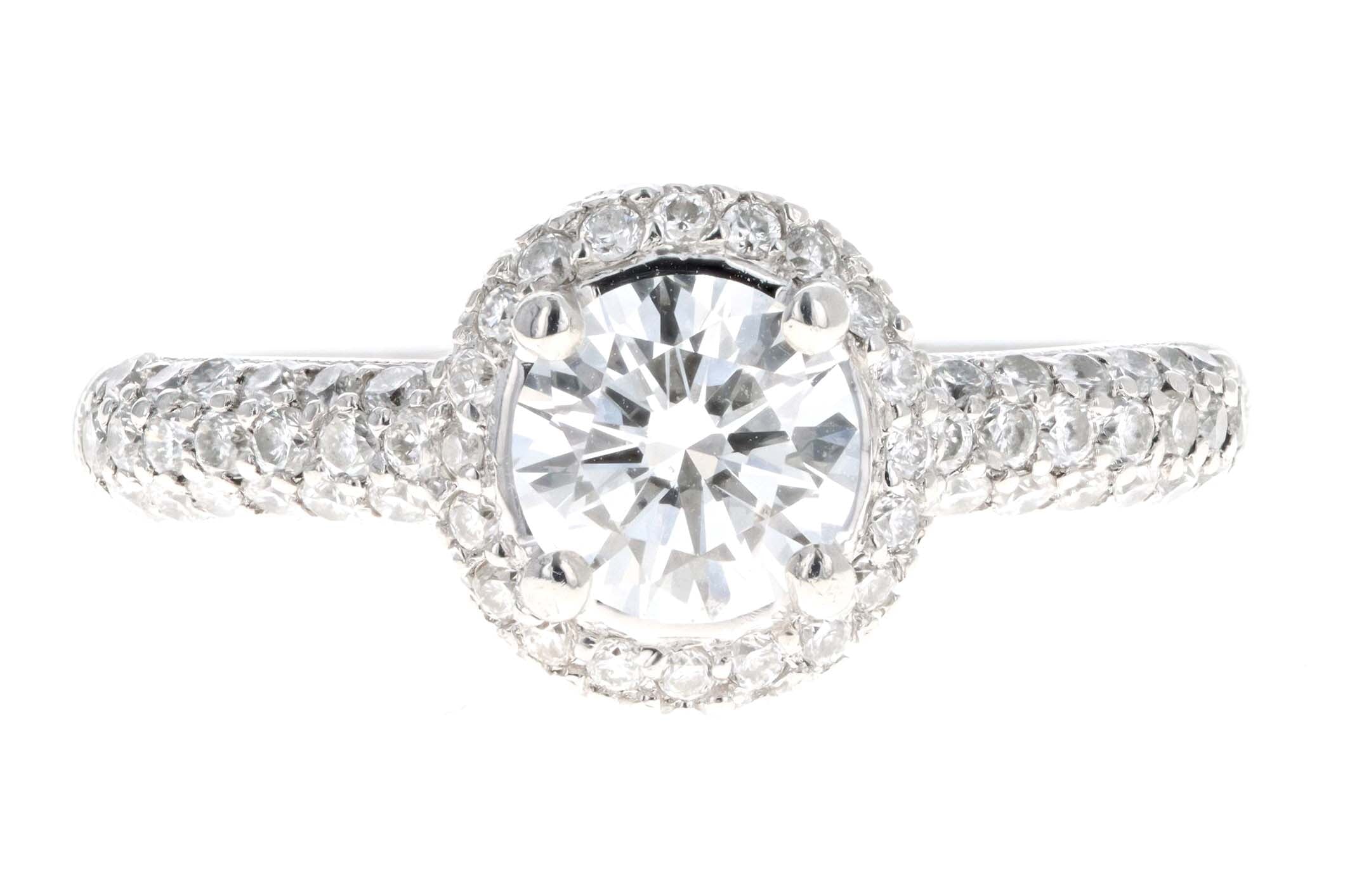 Platinum .75 Carat Round Brilliant Diamond Pave Halo Engagement Ring - Queen May