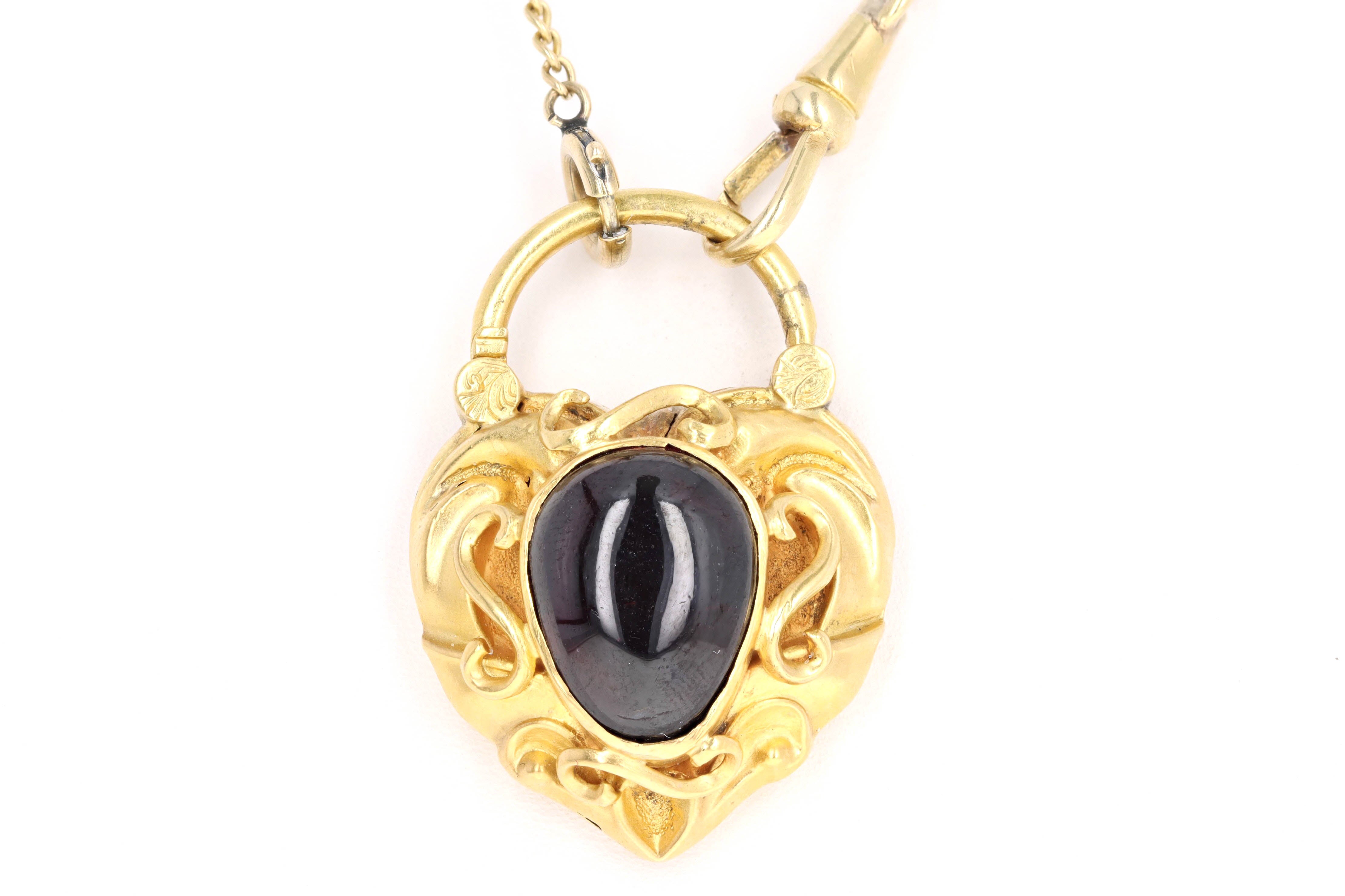Victorian 15K Yellow Gold Garnet Heart Padlock Pendant on a 18K Pocket Watch Chain Necklace - Queen May