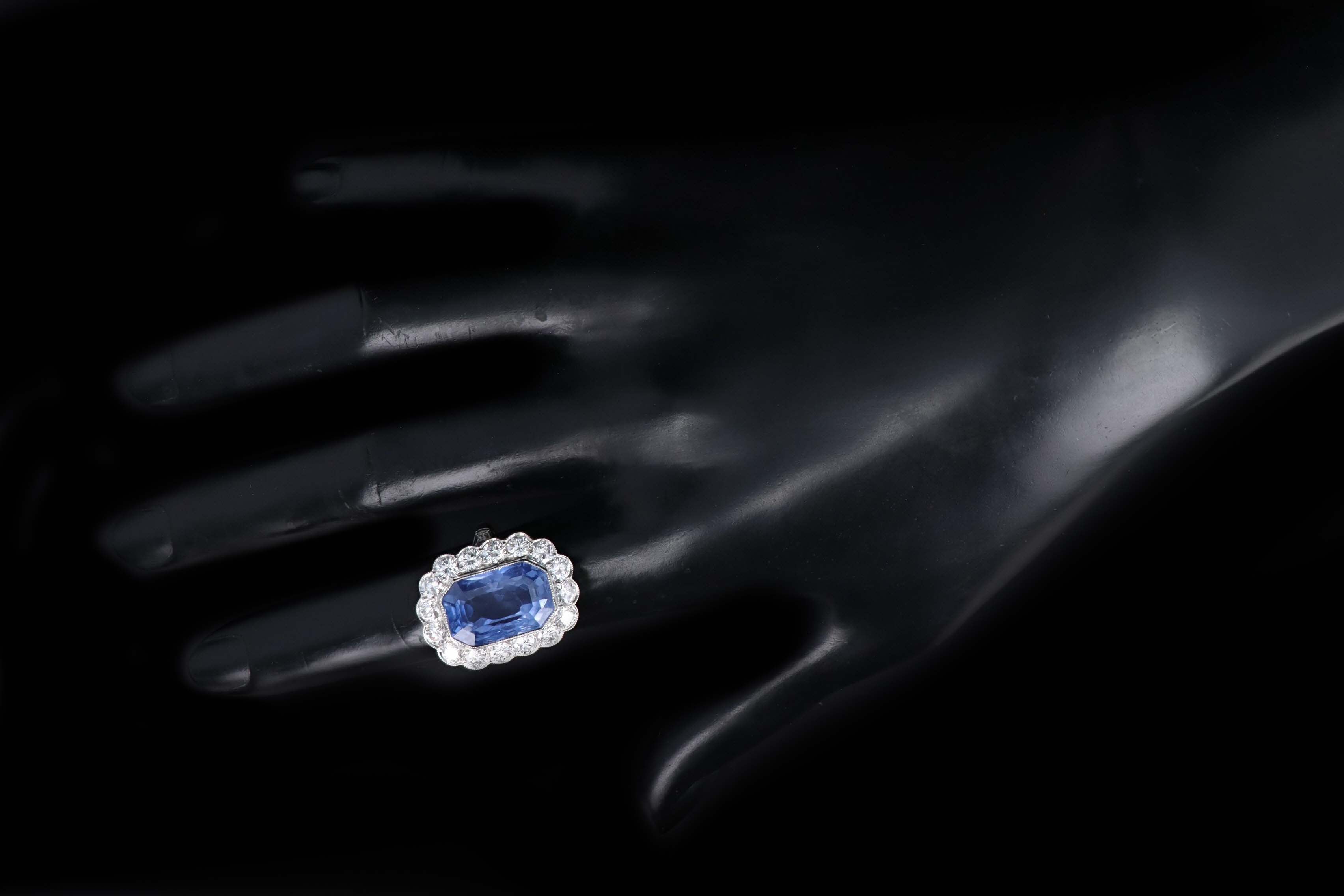 Art Deco Inspired 13.95 Carat No Heat Ceylon Sapphire & Diamond Halo Cluster Ring - Queen May