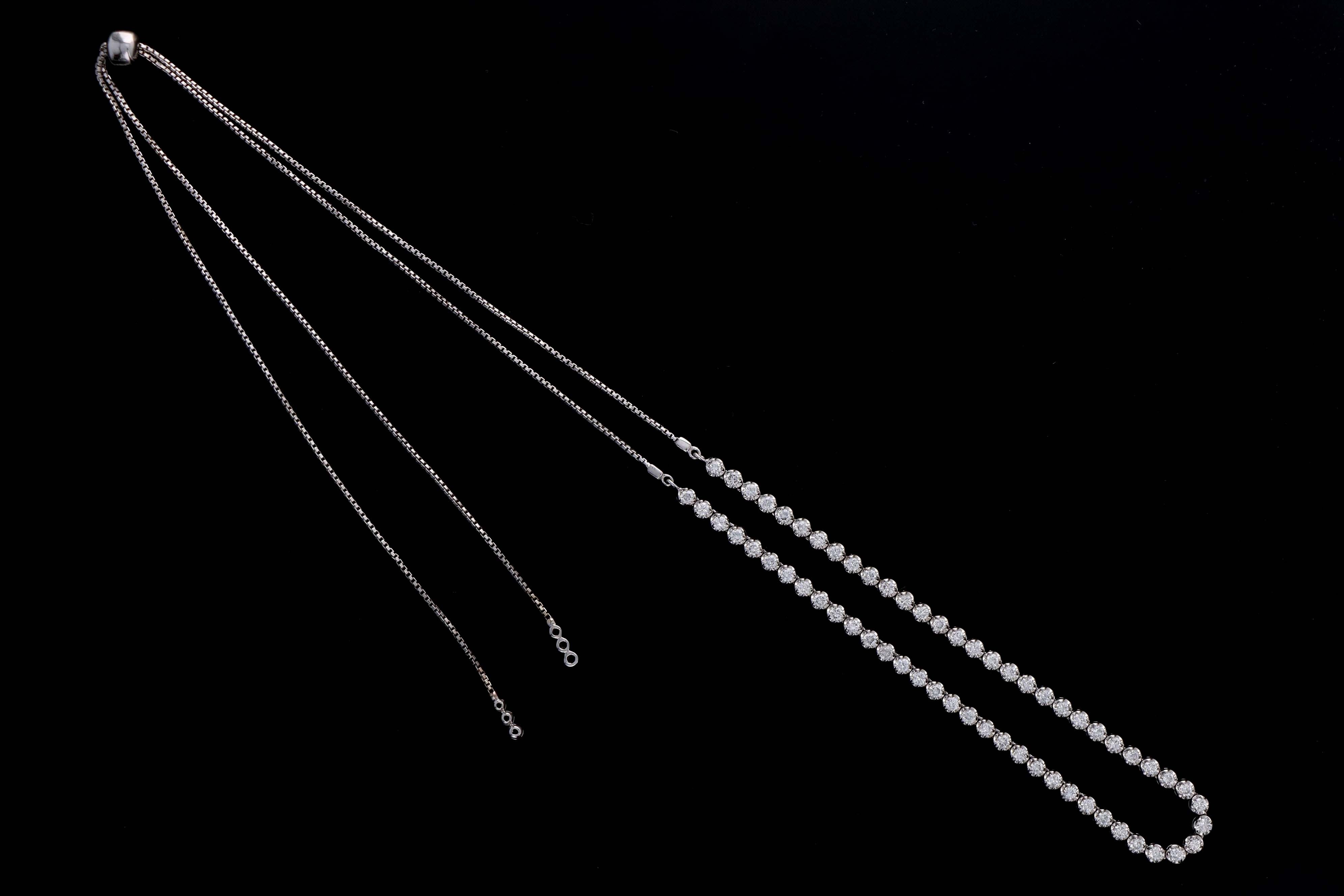 14K White Gold 5.19 Carat Total Weight Round Diamond Adjustable Bolo Tennis Necklace - Queen May