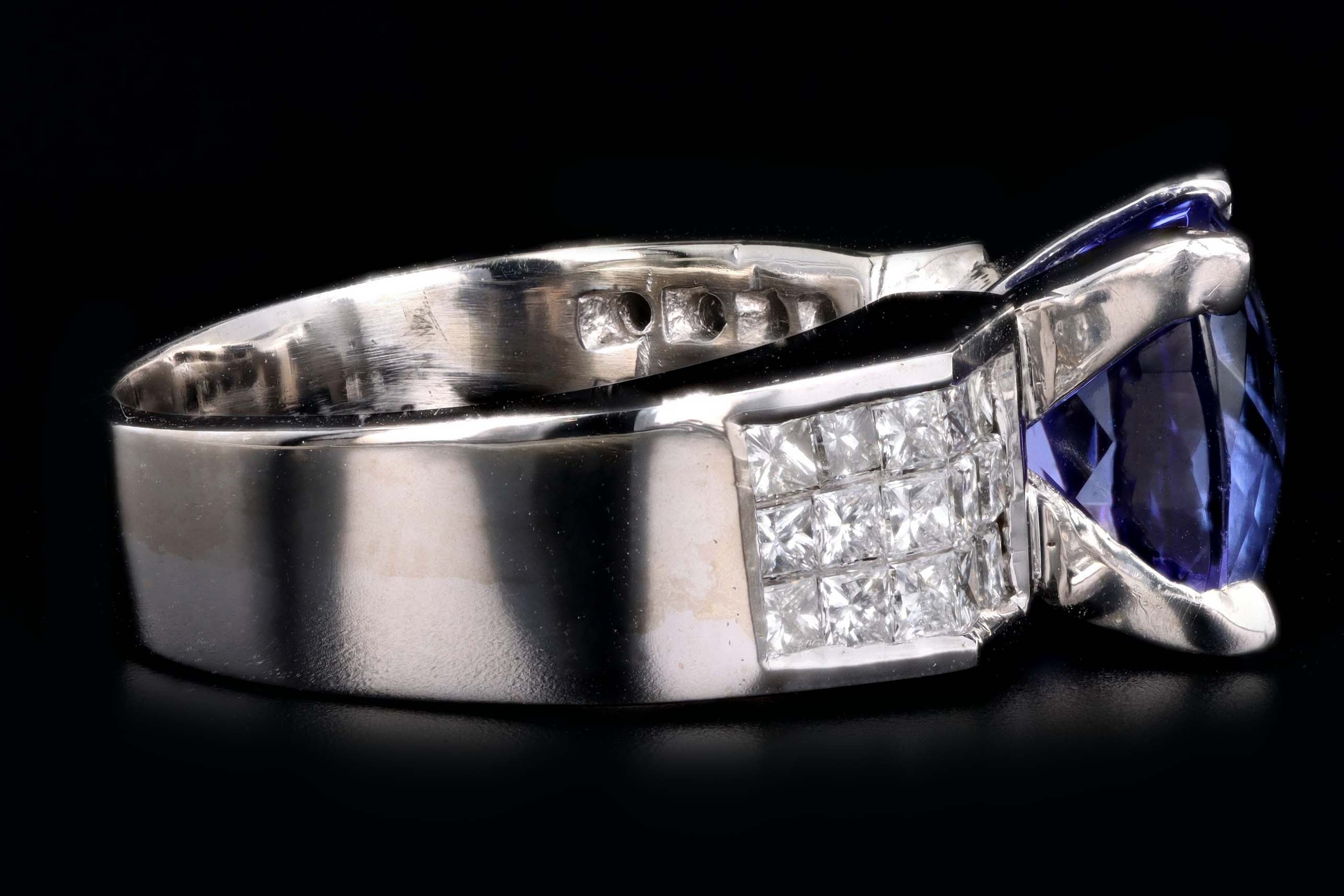 18K White Gold 3.50 Carat Tanzanite & Princess Cut Diamond Ring - Queen May