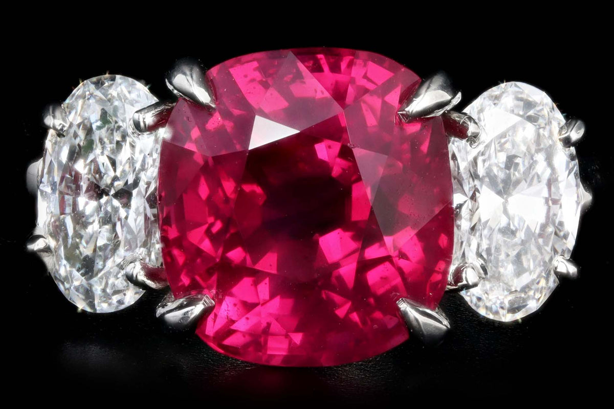 Platinum 5.10 Carat Cushion Cut Natural Madagascar Ruby & Oval Diamond Three Stone Ring Lotus/GIA Certified - Queen May