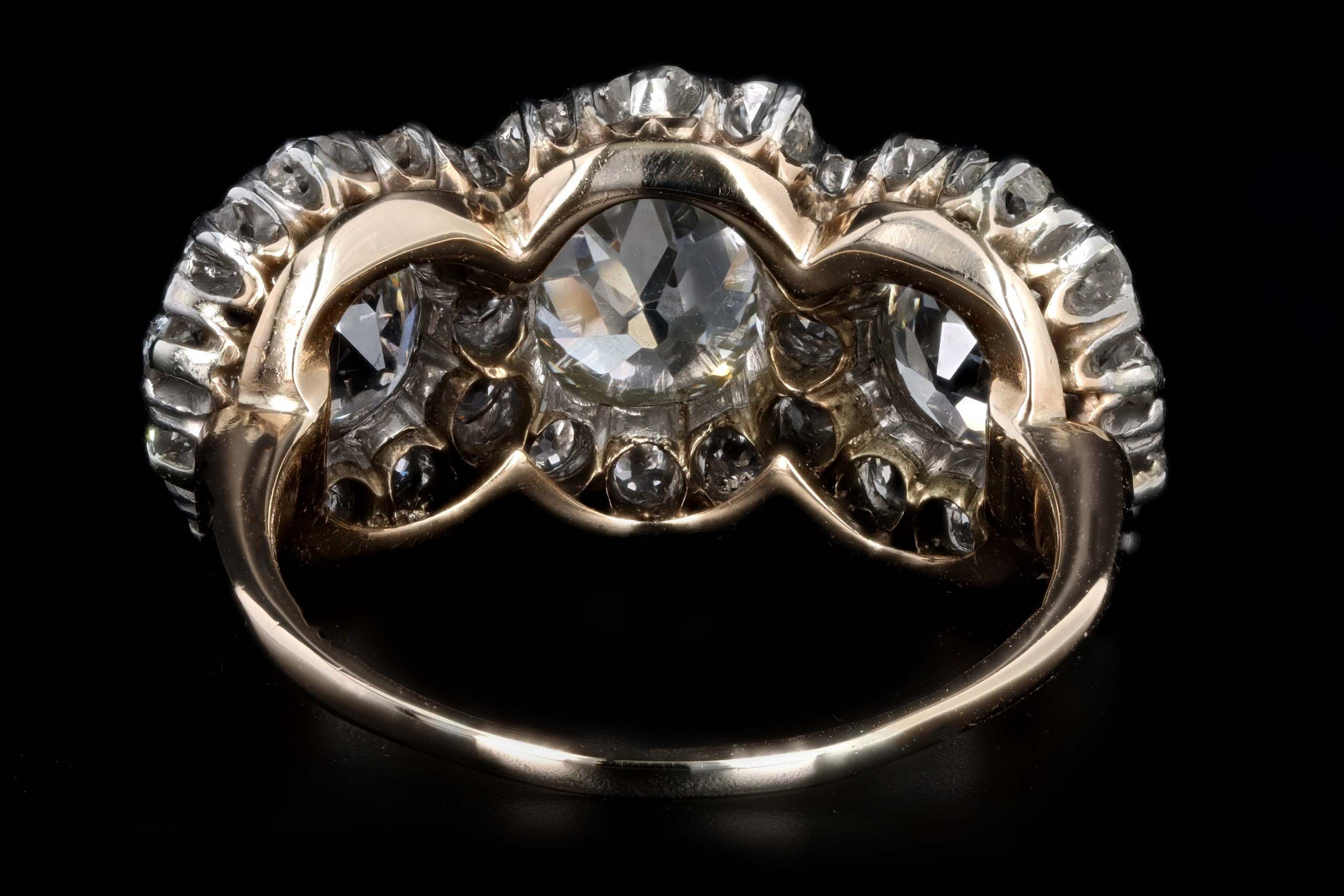 Victorian 18K Yellow Gold & Platinum Three Stone Old Mine Cut Diamond Cluster Ring - Queen May
