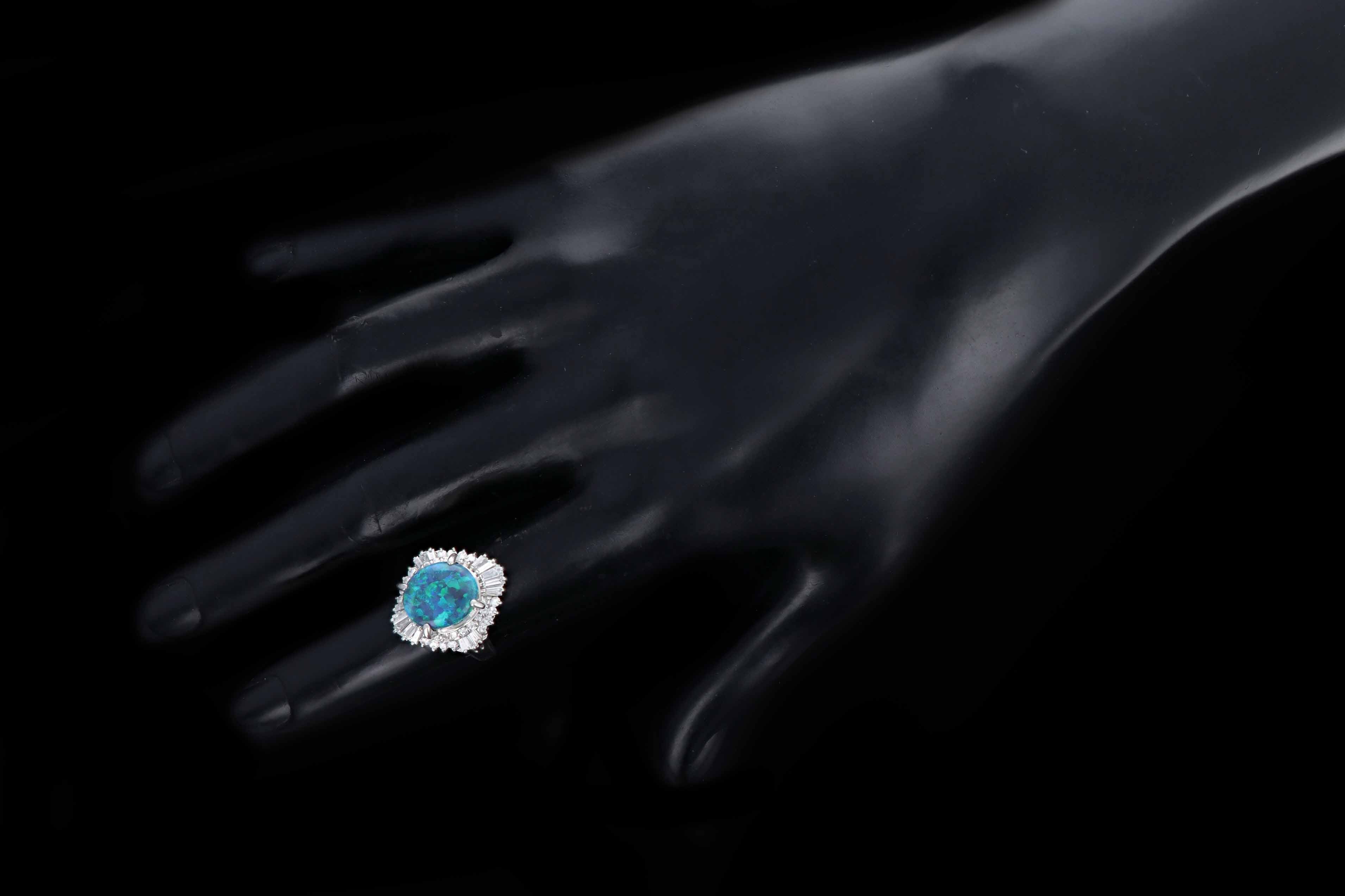 Retro Platinum 4.40 Carat Black Opal & Tapered Baguette Ballerina Ring - Queen May