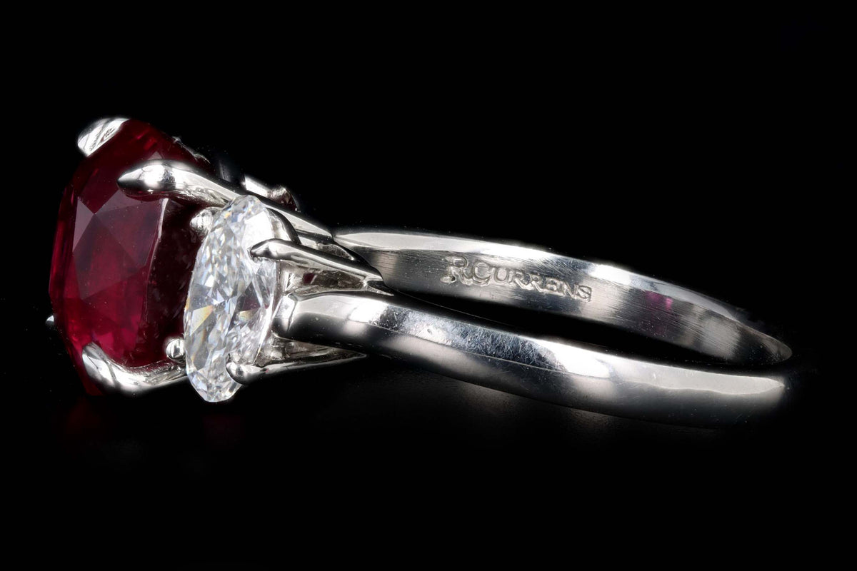 Platinum 5.10 Carat Cushion Cut Natural Madagascar Ruby & Oval Diamond Three Stone Ring Lotus/GIA Certified - Queen May
