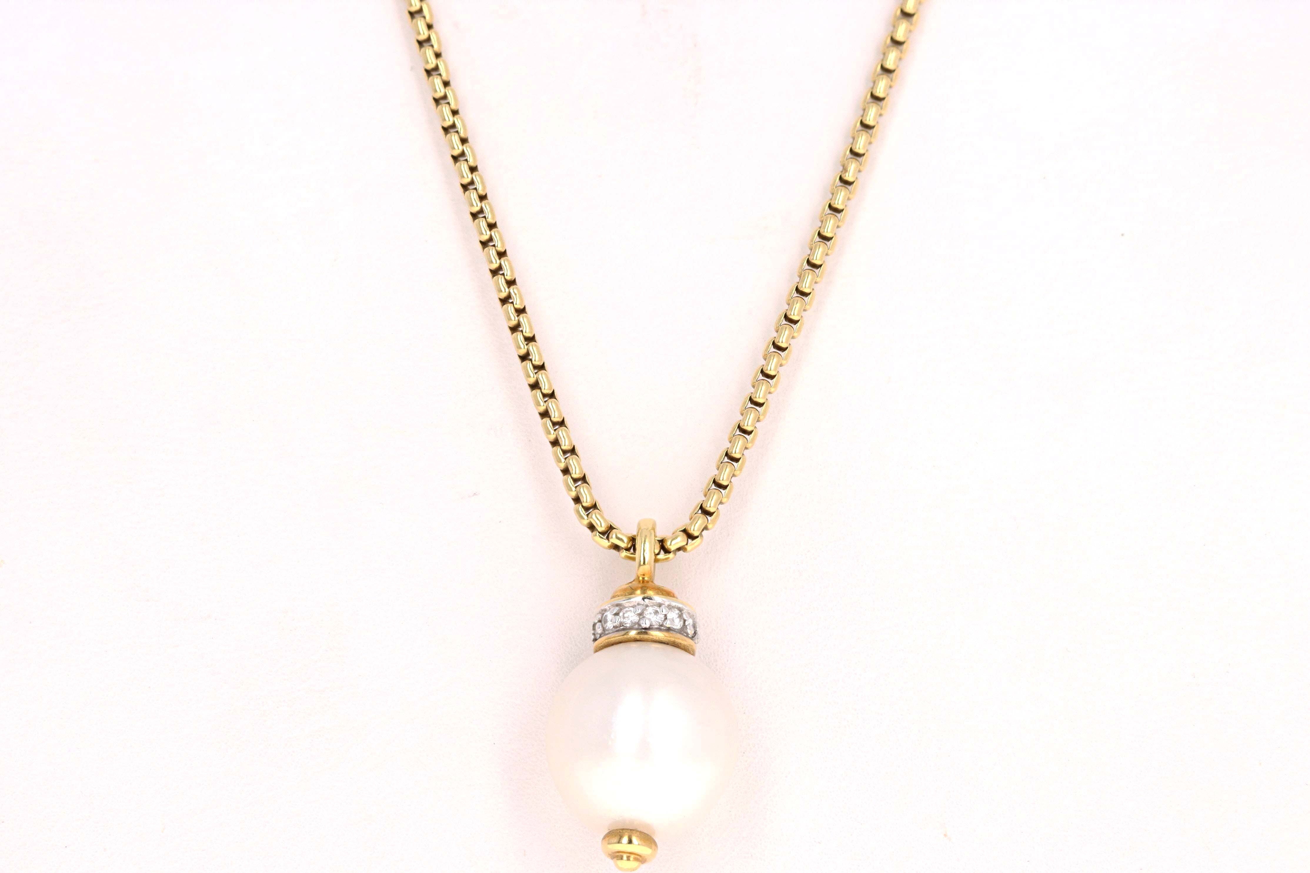 David Yurman 18K Gold Diamond & 12mm Pearl Pendant w/ Chain - Queen May