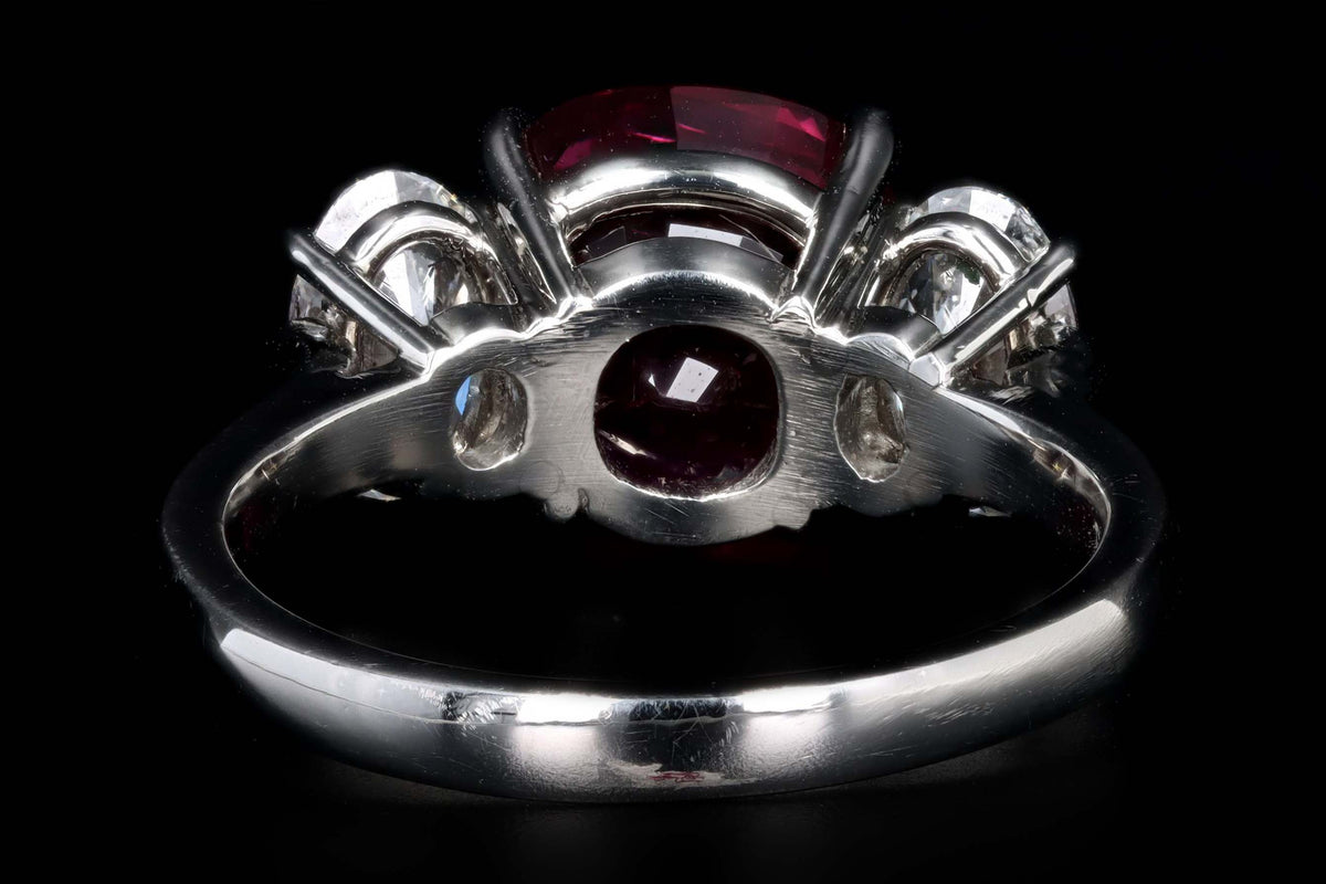 Platinum 5.10 Carat Cushion Cut Natural Madagascar Ruby & Oval Diamond Three Stone Ring Lotus/GIA Certified - Queen May