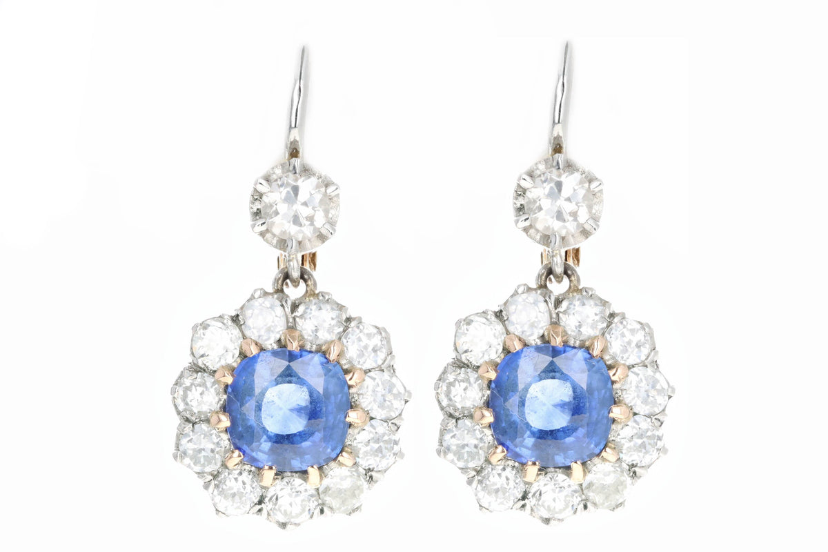 Edwardian Inspired 18K Yellow Gold & Platinum Cushion Cut Natural Sapphire & Old European Cut Diamond Drop Earrings - Queen May