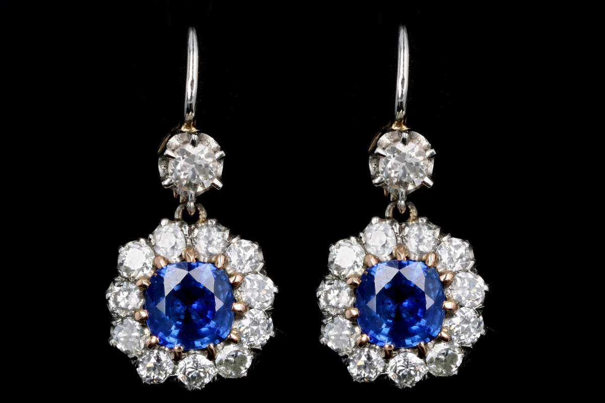 Edwardian Inspired 18K Yellow Gold & Platinum Cushion Cut Natural Sapphire & Old European Cut Diamond Drop Earrings - Queen May