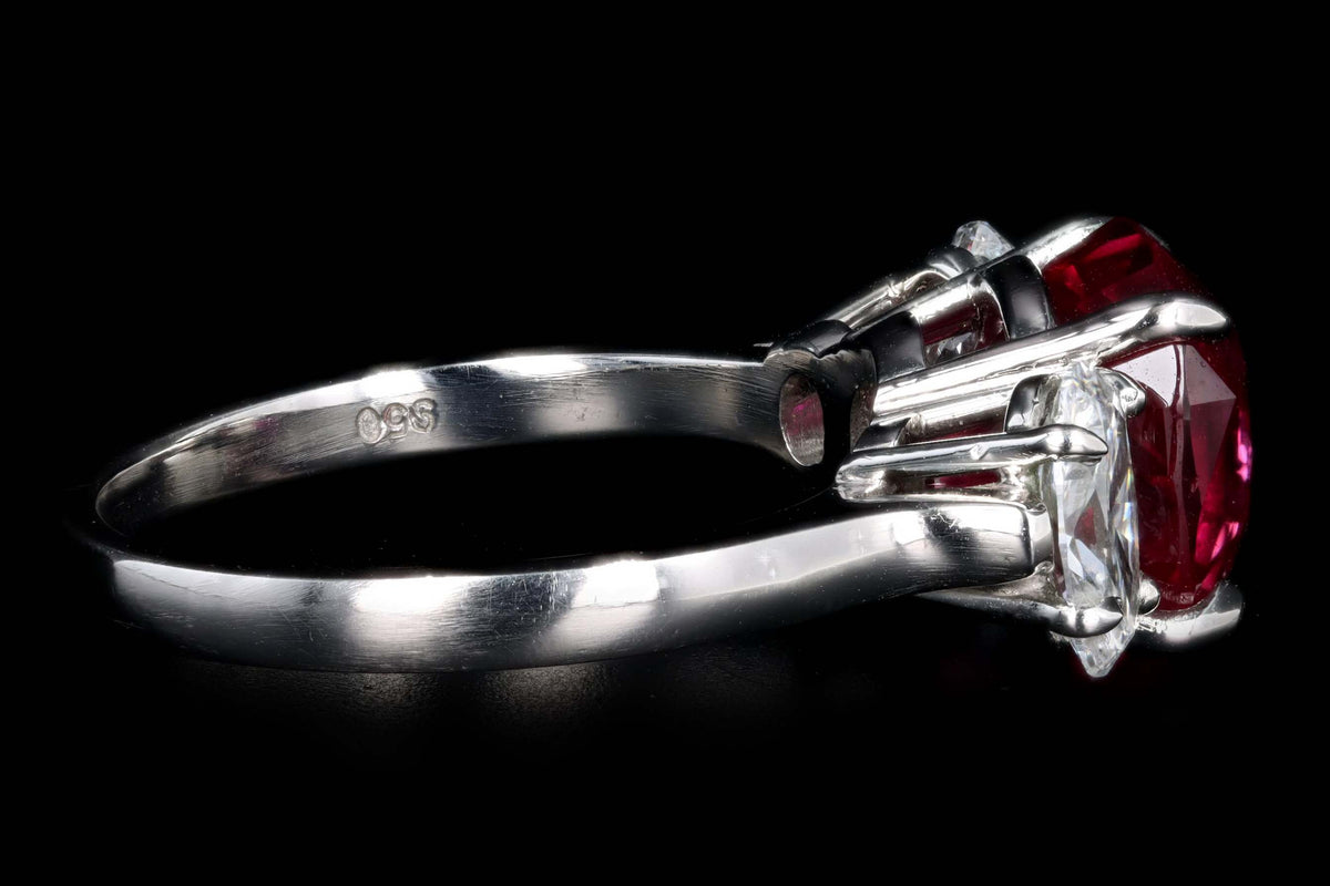 Platinum 5.10 Carat Cushion Cut Natural Madagascar Ruby & Oval Diamond Three Stone Ring Lotus/GIA Certified - Queen May