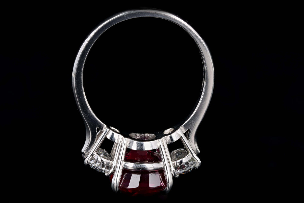 Platinum 5.10 Carat Cushion Cut Natural Madagascar Ruby & Oval Diamond Three Stone Ring Lotus/GIA Certified - Queen May
