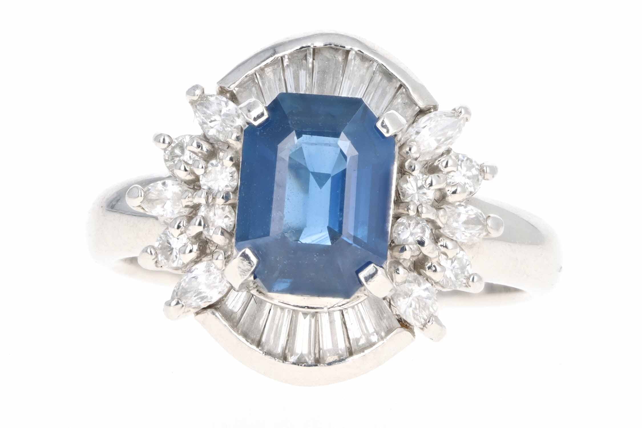Retro Platinum 1.72 Carat Natural Sapphire & Baguette Diamond Ballerina Ring - Queen May