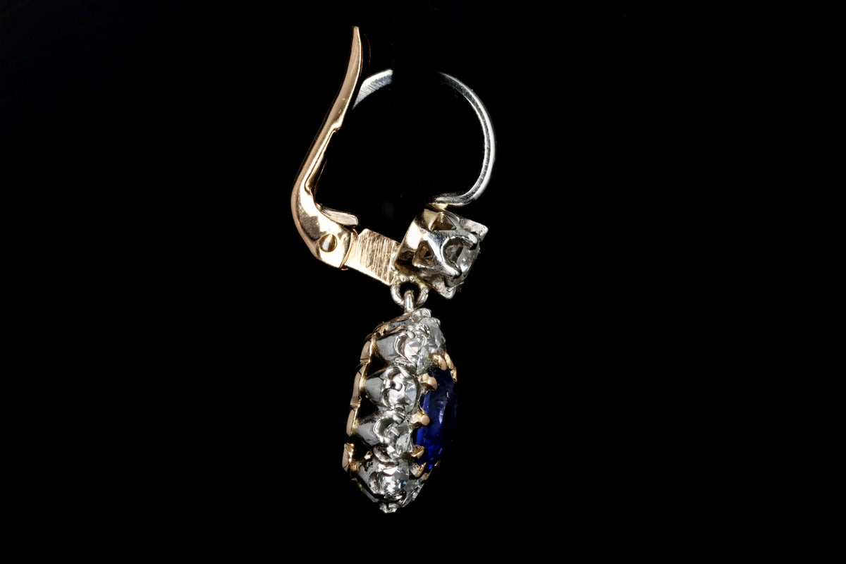 Edwardian Inspired 18K Yellow Gold & Platinum Cushion Cut Natural Sapphire & Old European Cut Diamond Drop Earrings - Queen May